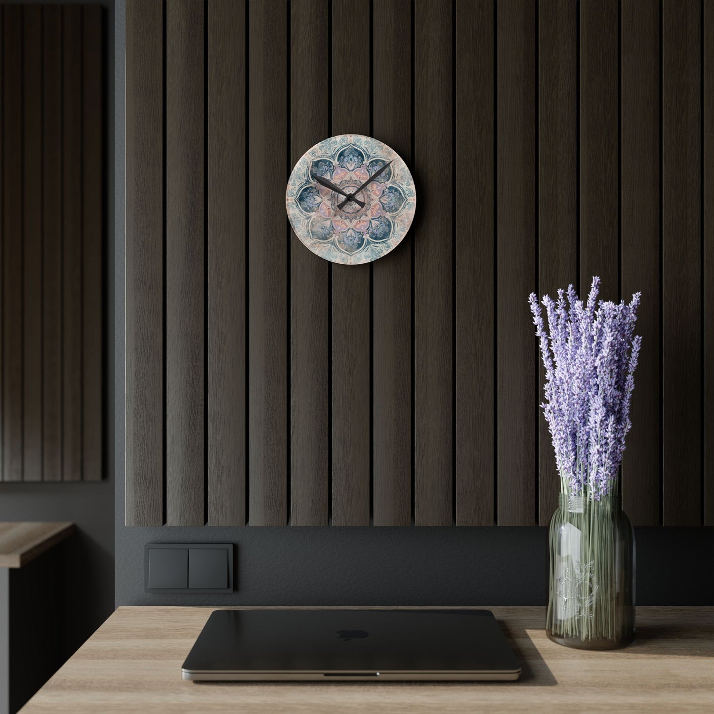 Boho Mandala Acrylic Wall Clock — Pastel Floral Decorative Clock