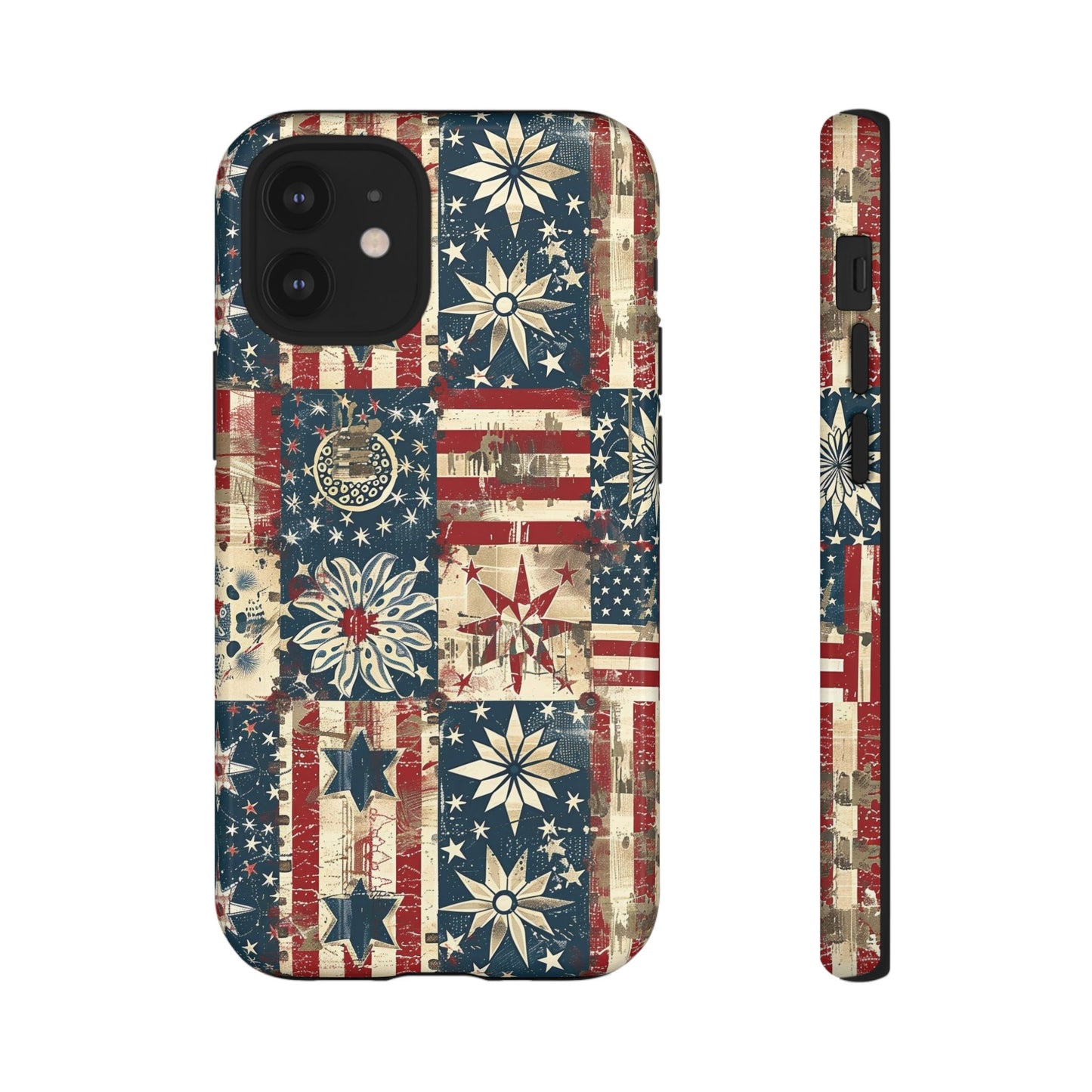 Patriotic Patchwork Phone Case — Vintage American Flag Stars & Quilted Design