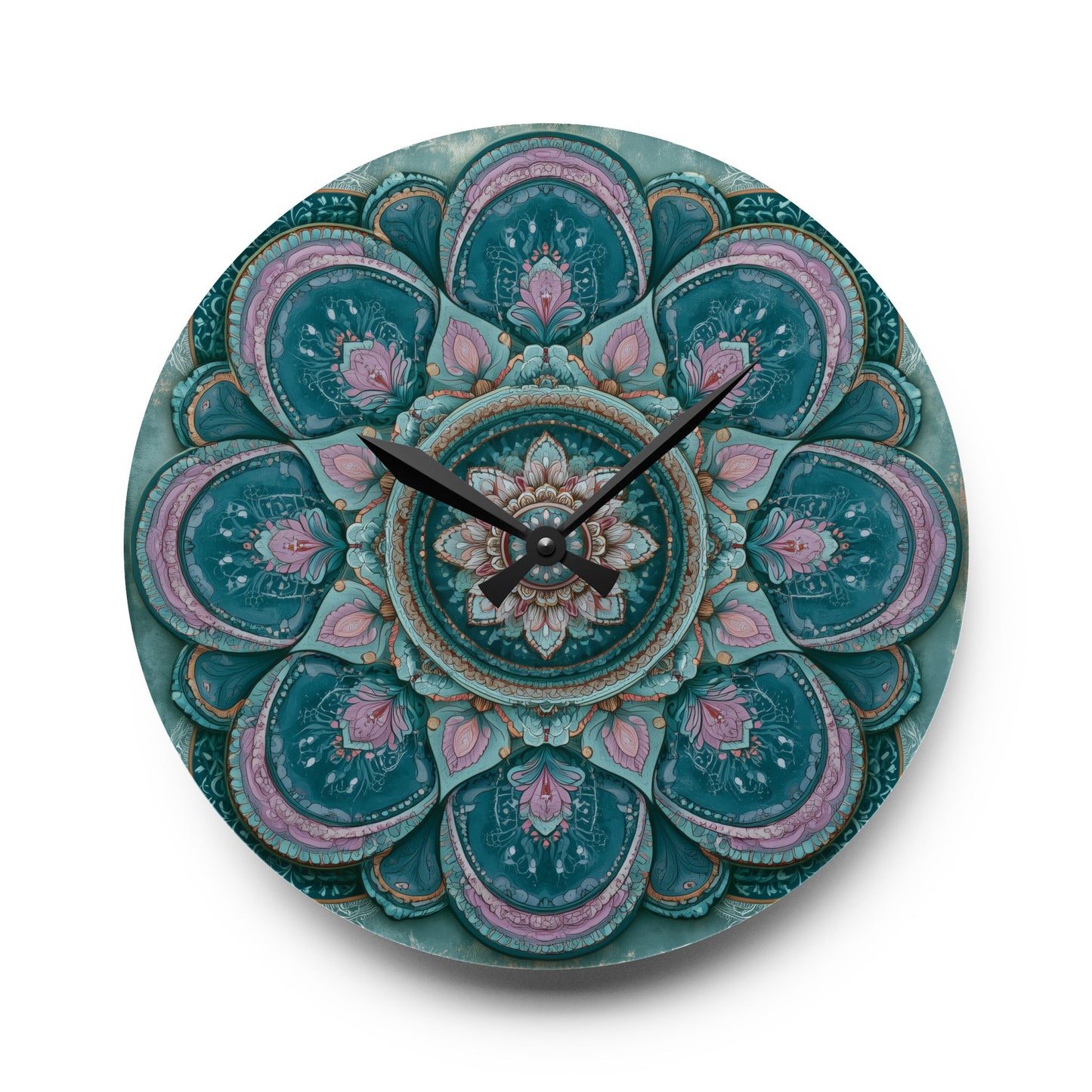 Mandala Acrylic Wall Clock – Teal & Pink Boho Decorative Clock