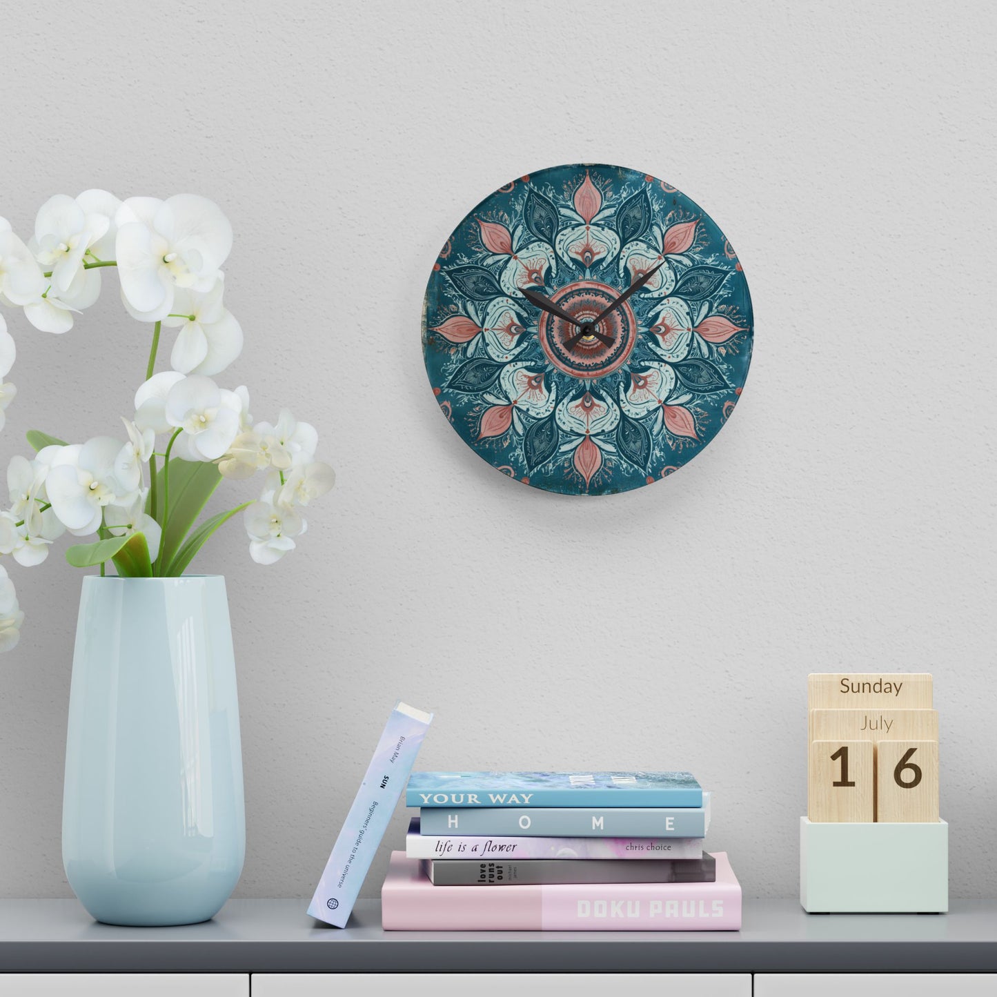 Mandala Floral Acrylic Wall Clock — Teal & Coral Boho Home Decor