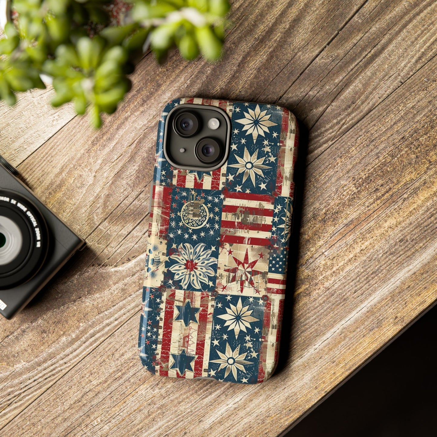 Patriotic Patchwork Phone Case — Vintage American Flag Stars & Quilted Design