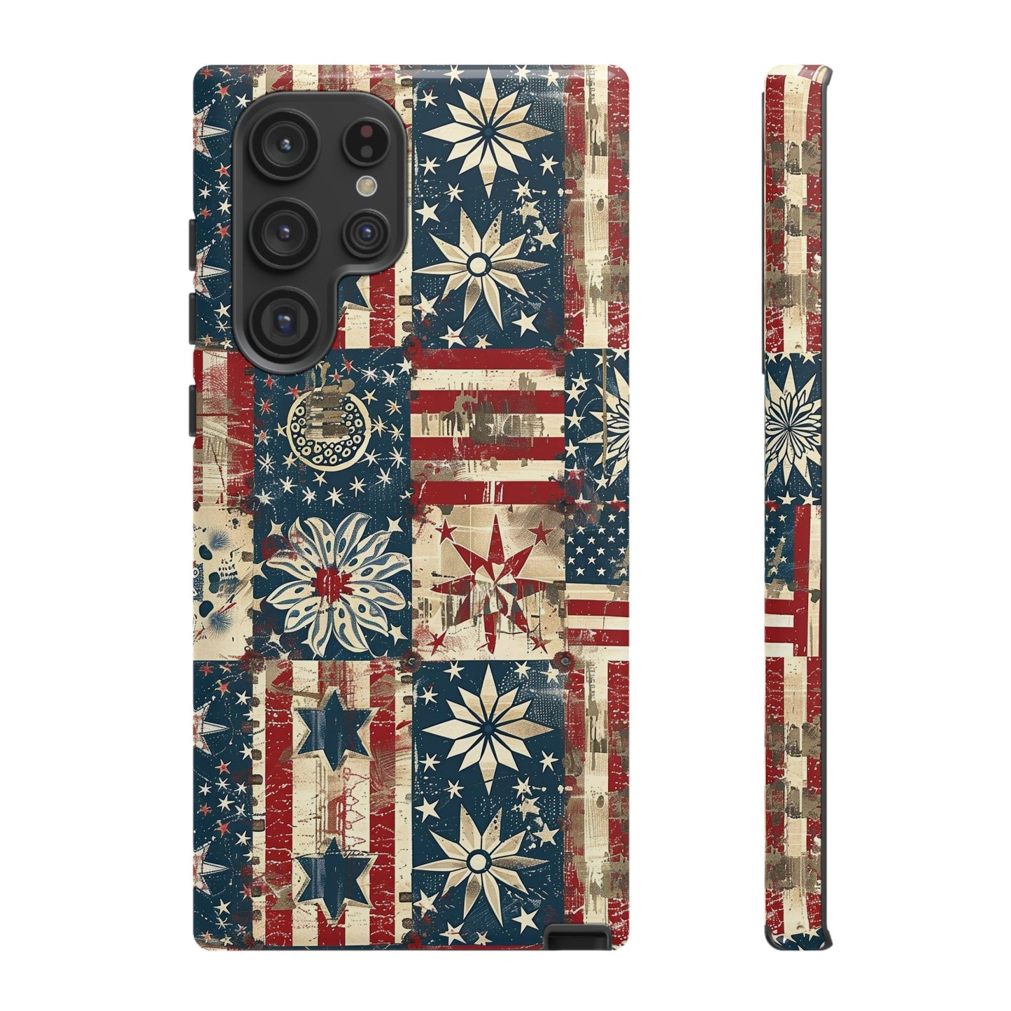 Patriotic Patchwork Phone Case — Vintage American Flag Stars & Quilted Design
