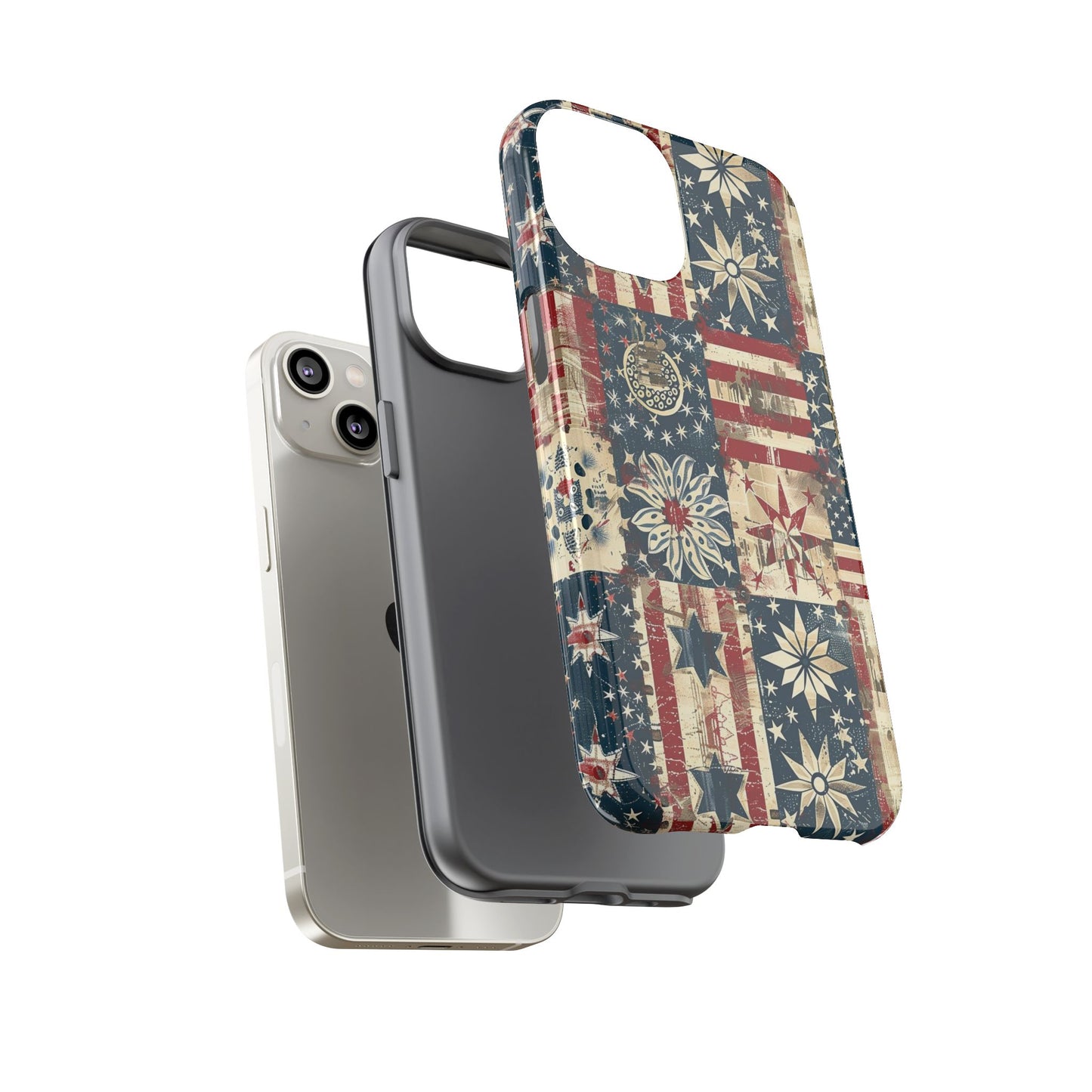 Patriotic Patchwork Phone Case — Vintage American Flag Stars & Quilted Design