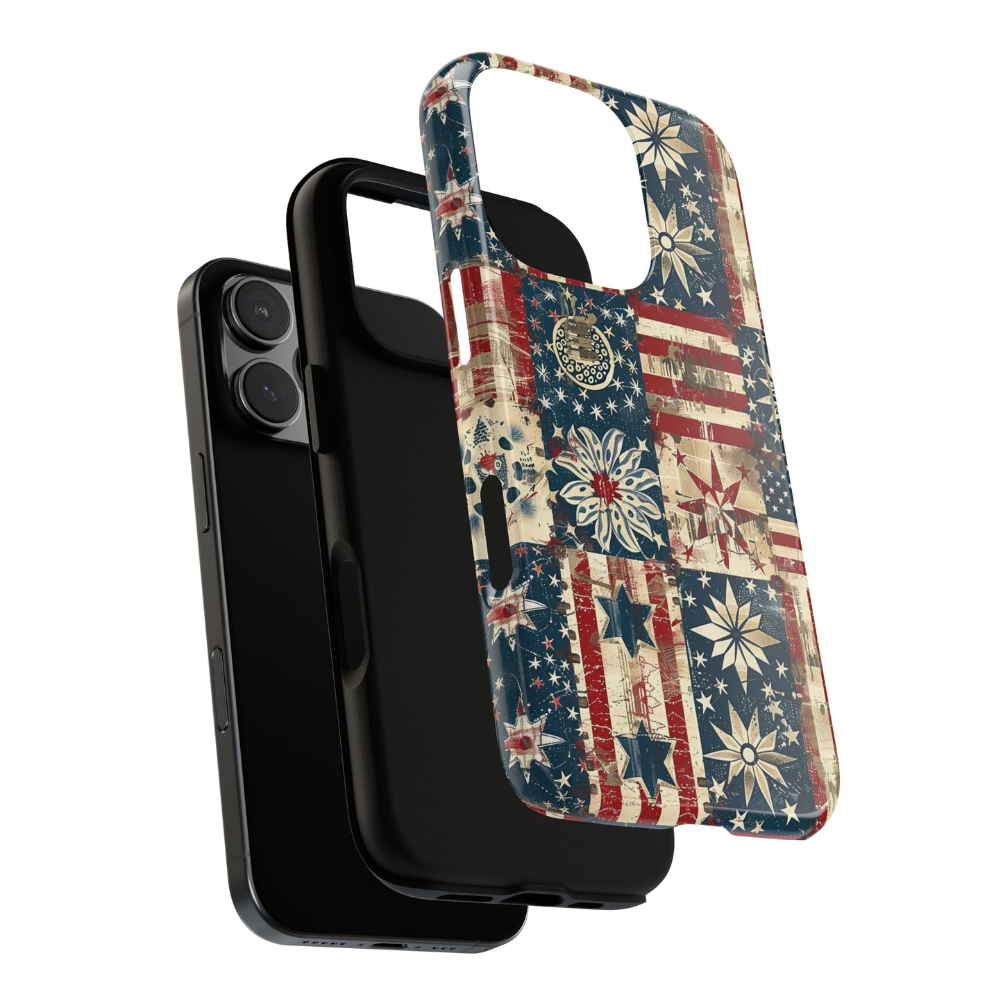 Patriotic Patchwork Phone Case — Vintage American Flag Stars & Quilted Design
