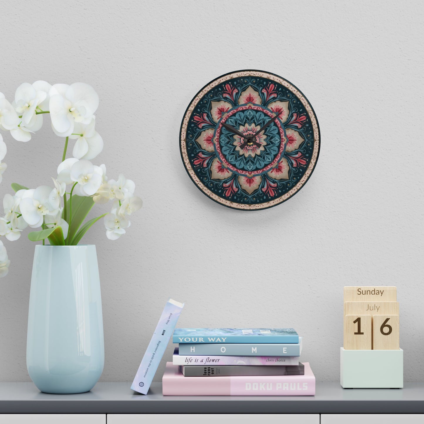 Bohemian Floral Mandala Acrylic Wall Clock — Decorative Home Accent