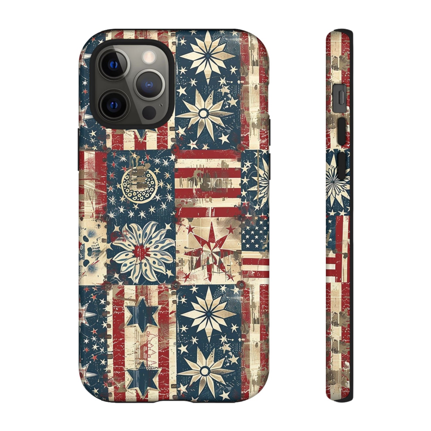 Patriotic Patchwork Phone Case — Vintage American Flag Stars & Quilted Design