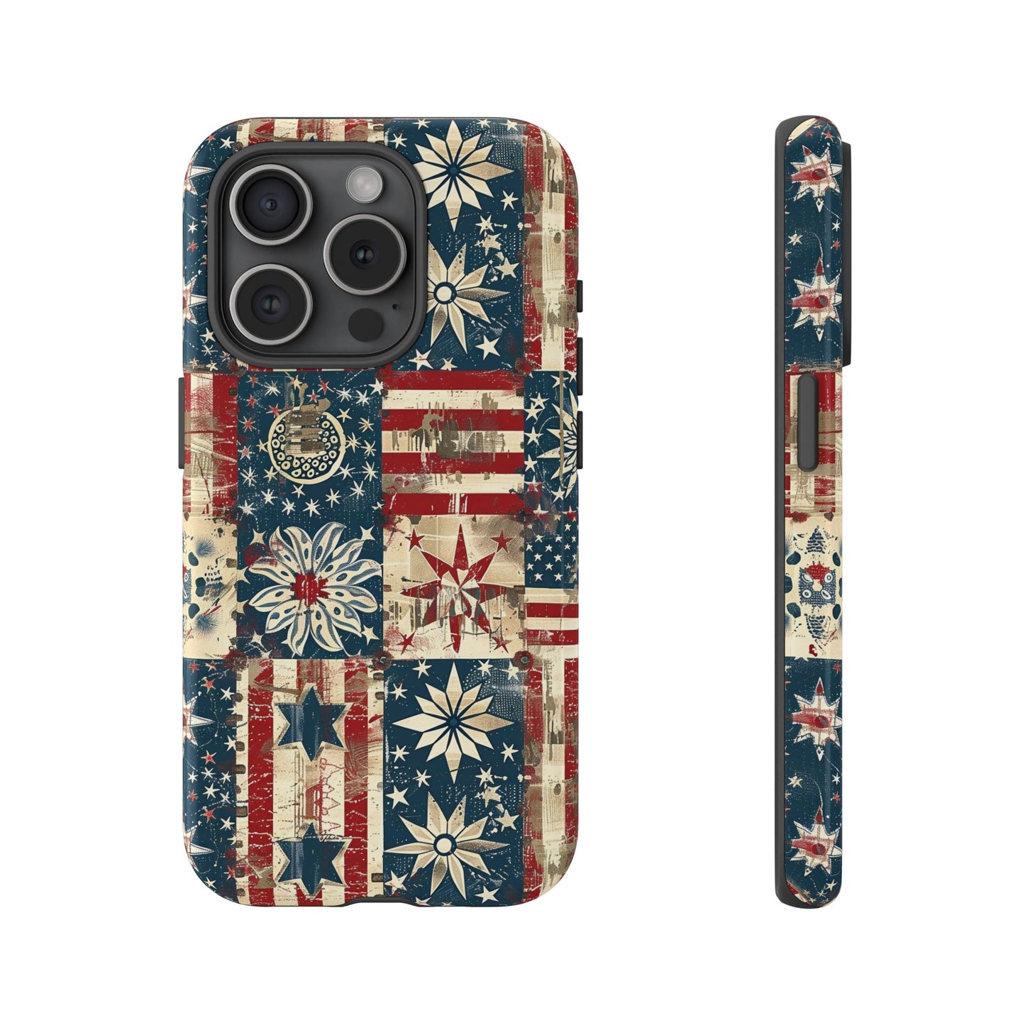 Patriotic Patchwork Phone Case — Vintage American Flag Stars & Quilted Design