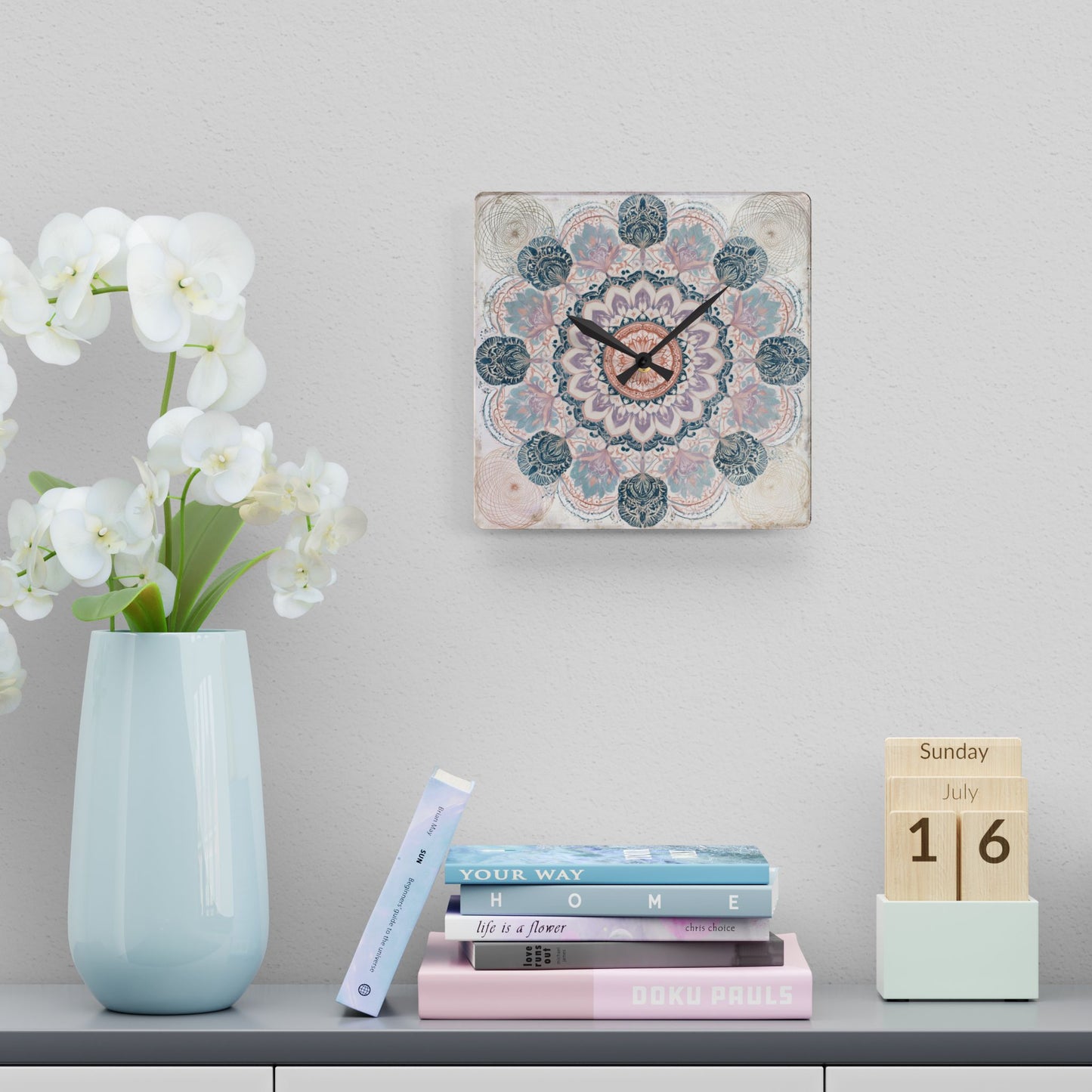 Mandala Acrylic Wall Clock — Boho Floral Decorative Clock