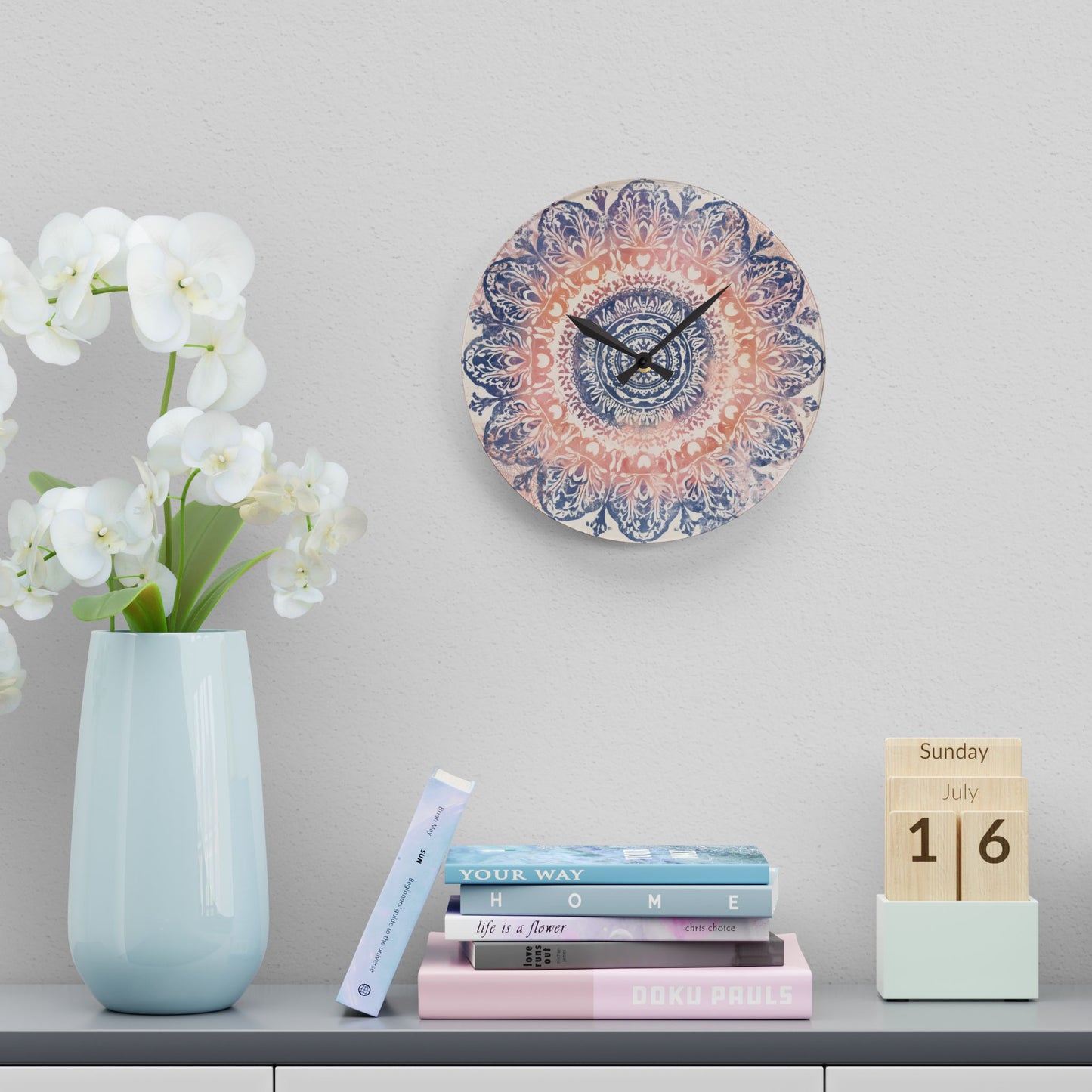 Mandala Acrylic Wall Clock — Boho Peach & Navy Decorative Clock
