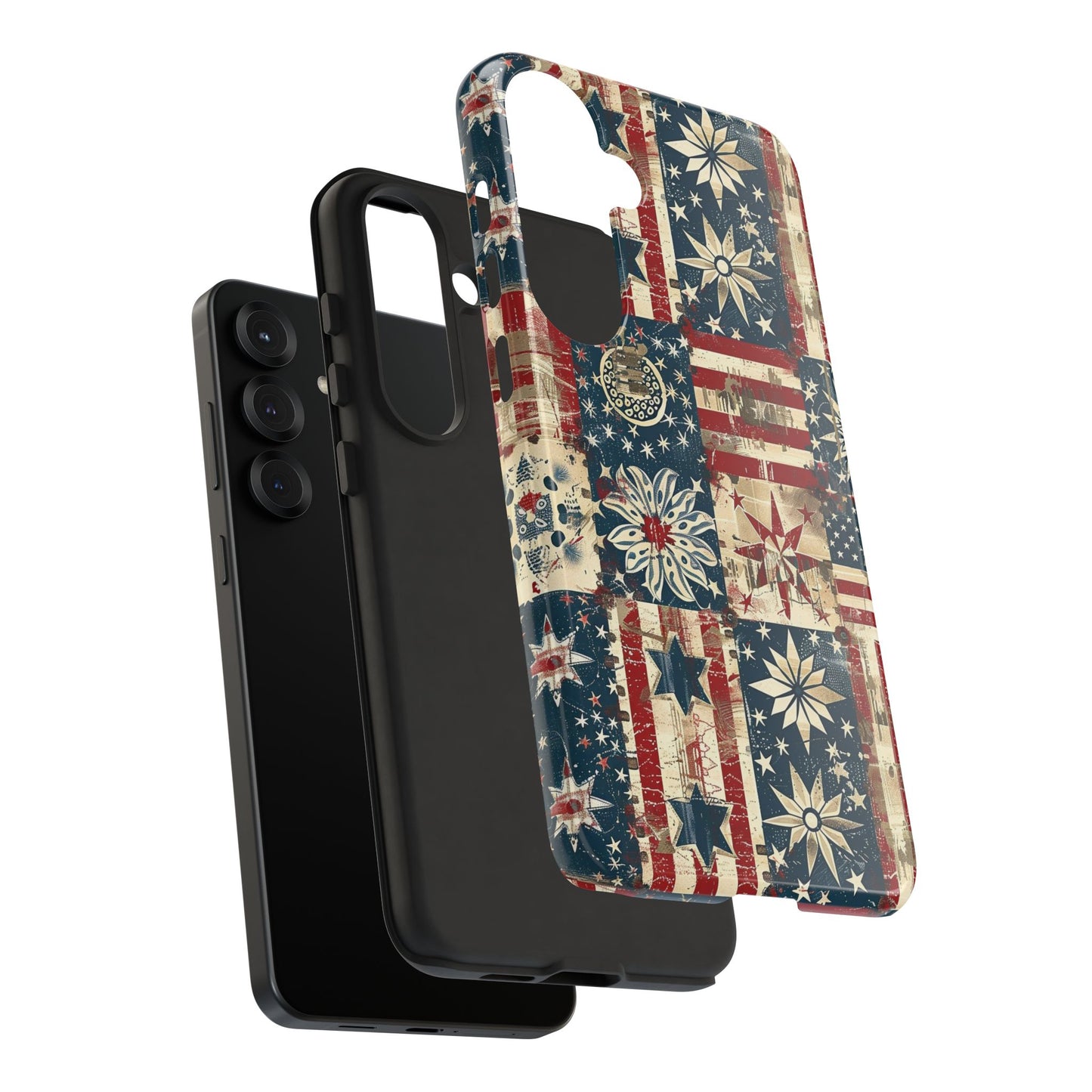 Patriotic Patchwork Phone Case — Vintage American Flag Stars & Quilted Design