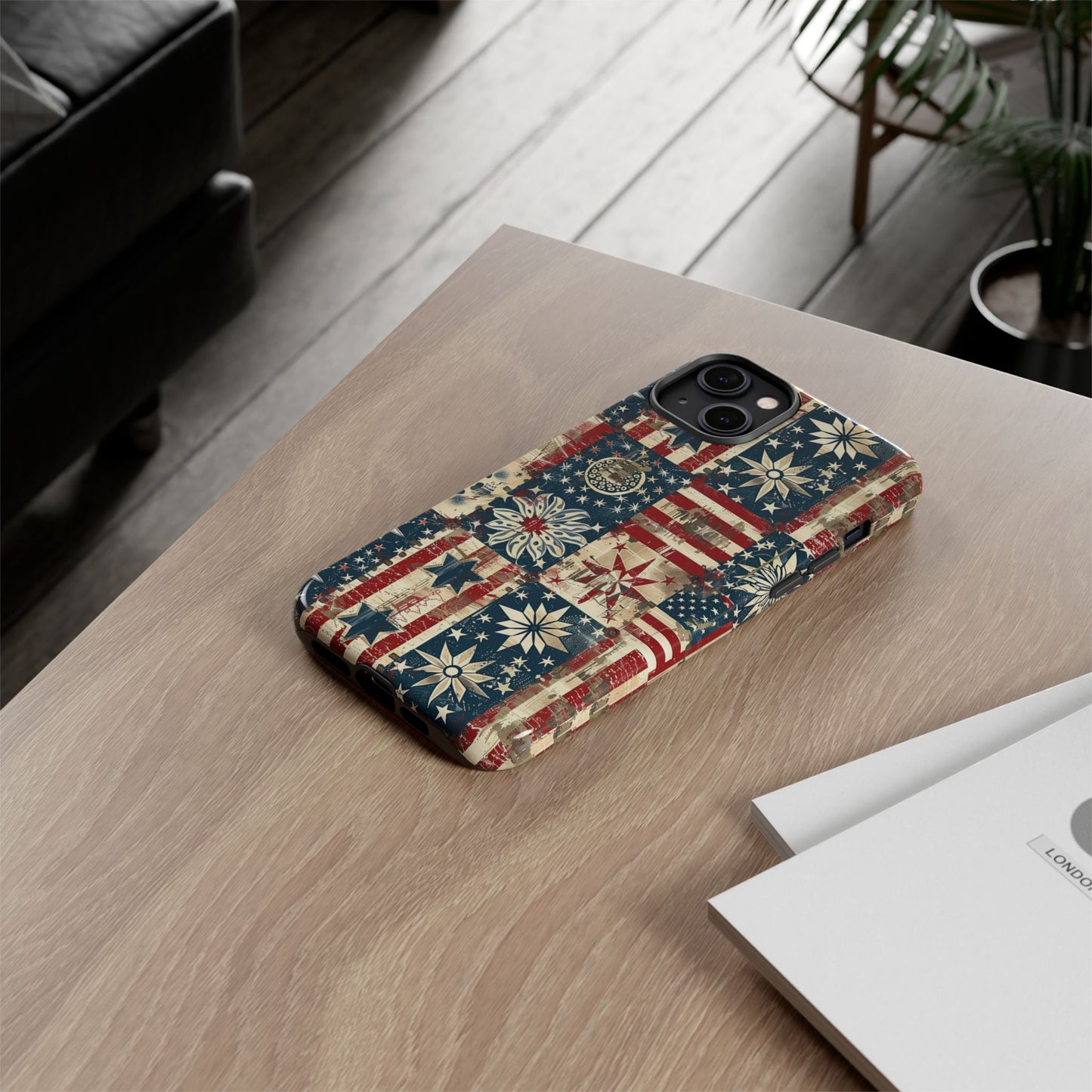 Patriotic Patchwork Phone Case — Vintage American Flag Stars & Quilted Design