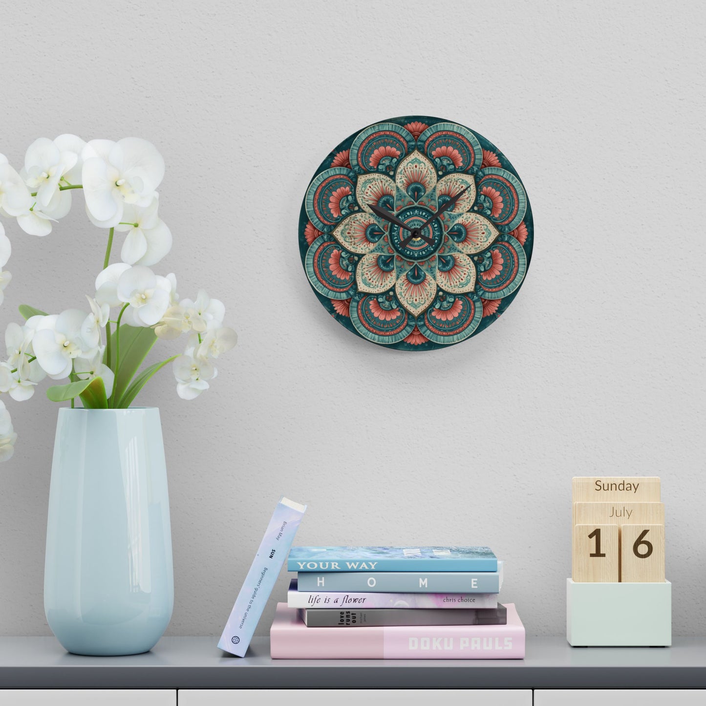 Mandala Floral Acrylic Wall Clock — Boho Decorative Home Clock