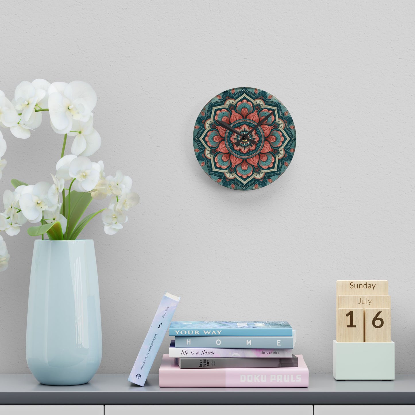 Mandala Acrylic Wall Clock — Boho Floral Decorative Clock