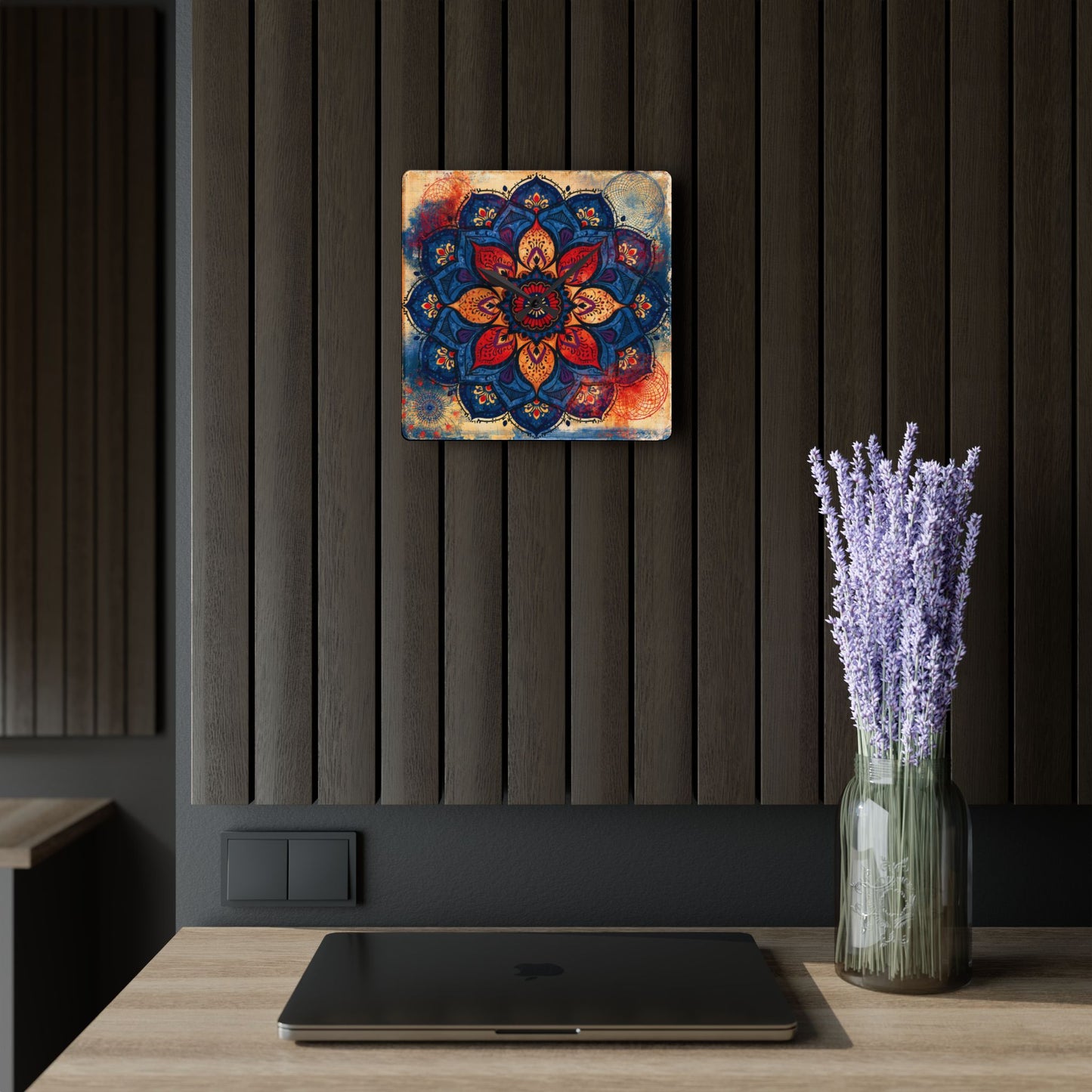 Mandala Acrylic Wall Clock — Colorful Boho Floral Timepiece