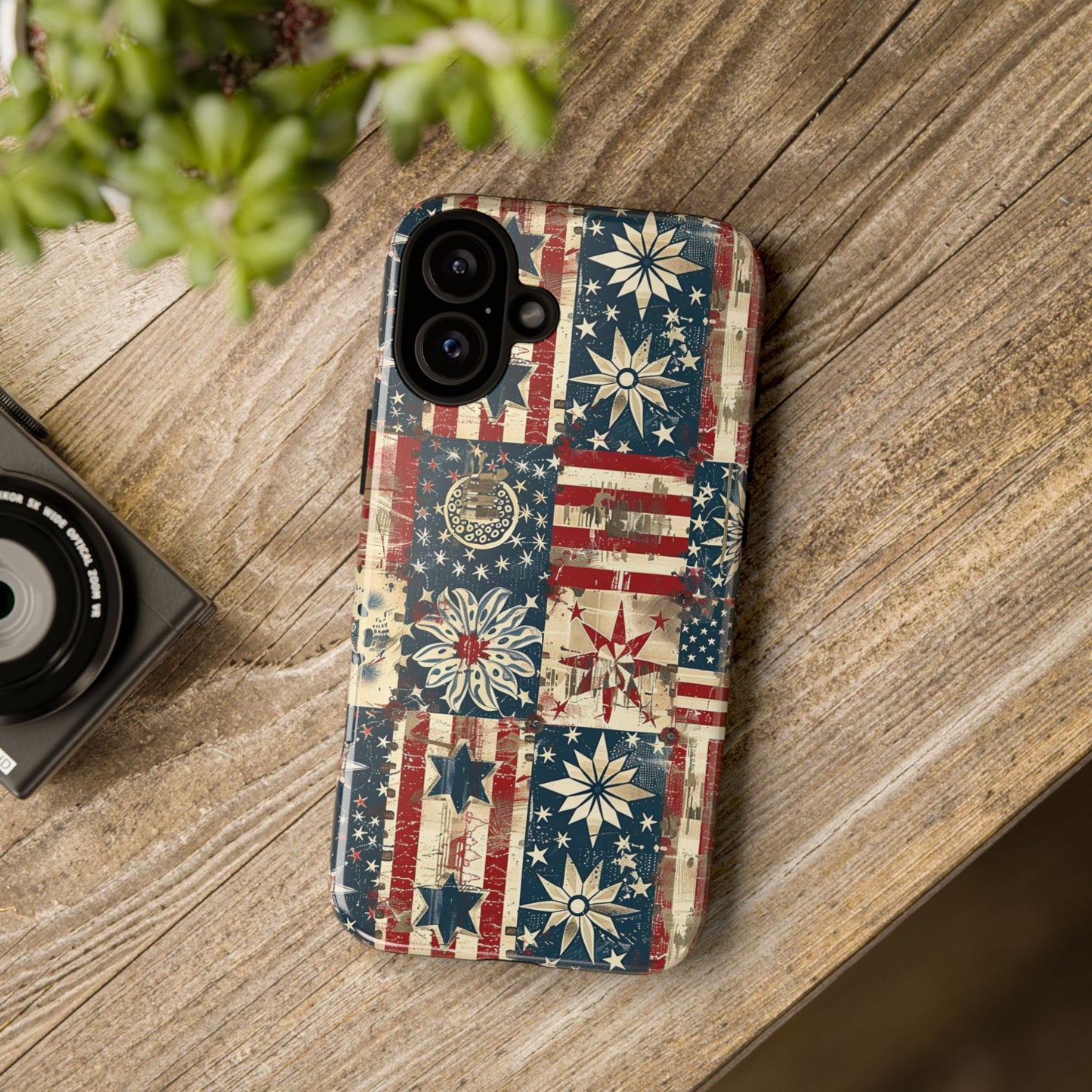 Patriotic Patchwork Phone Case — Vintage American Flag Stars & Quilted Design