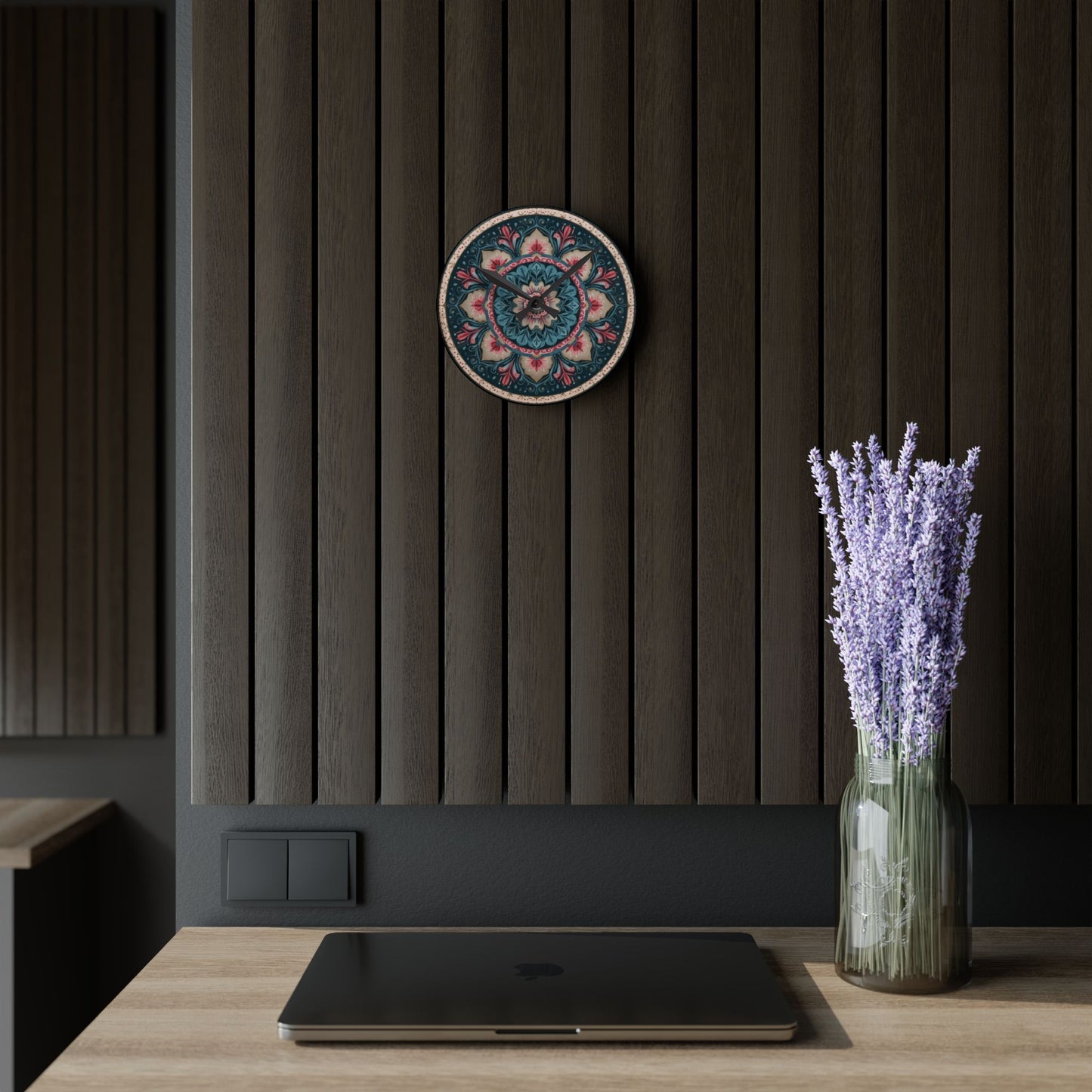 Bohemian Floral Mandala Acrylic Wall Clock — Decorative Home Accent