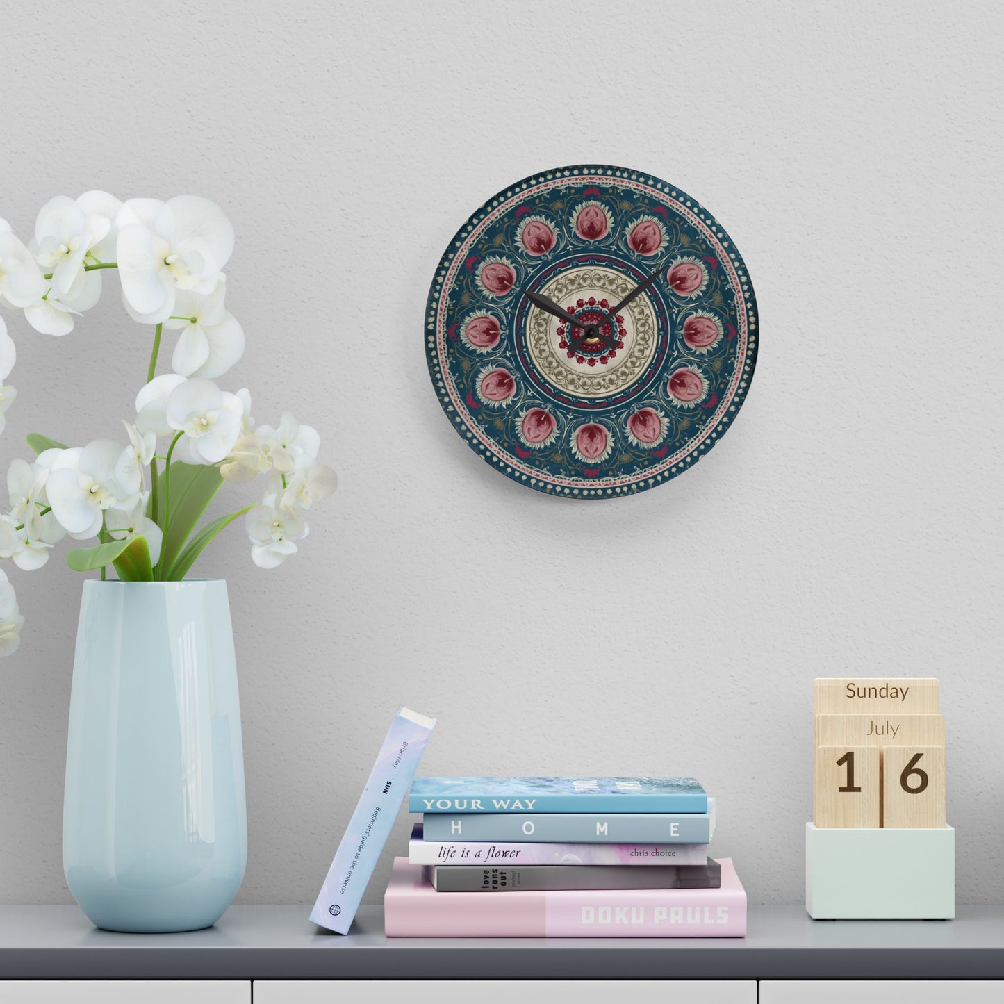 Mandala Floral Acrylic Wall Clock – Bohemian Home Decor