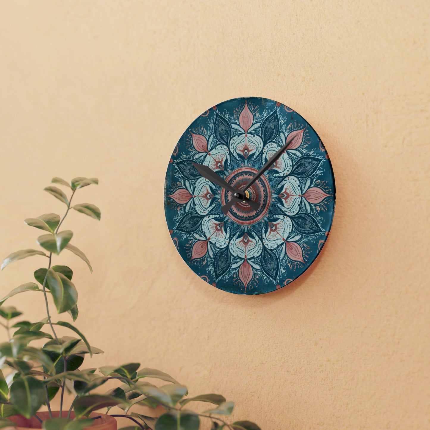 Mandala Floral Acrylic Wall Clock — Teal & Coral Boho Home Decor