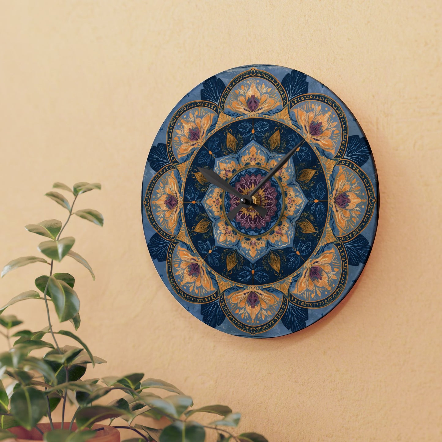 Mandala Floral Acrylic Wall Clock — Boho Blue Decorative Home Clock
