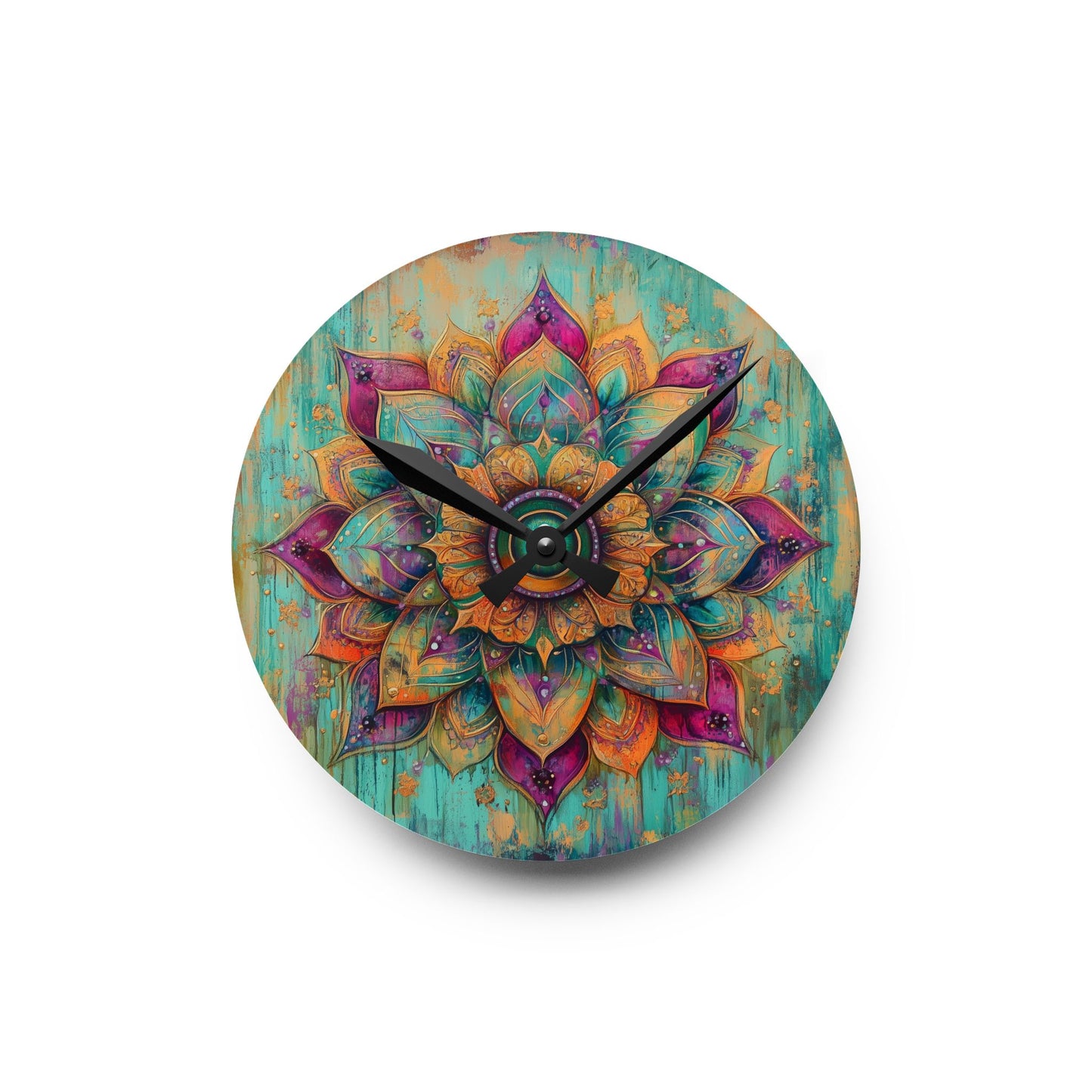 Mandala Acrylic Wall Clock — Boho Teal & Gold Decorative Clock