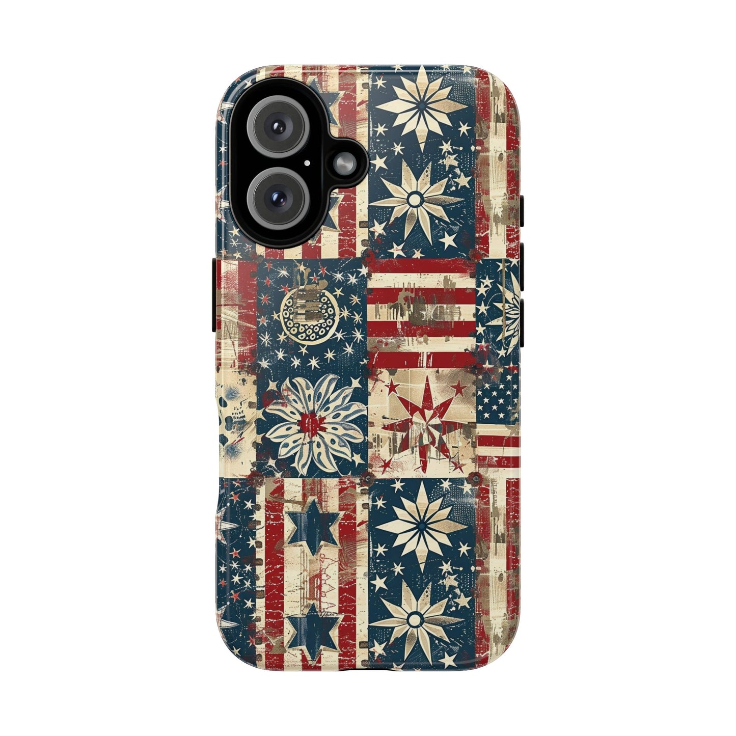 Patriotic Patchwork Phone Case — Vintage American Flag Stars & Quilted Design