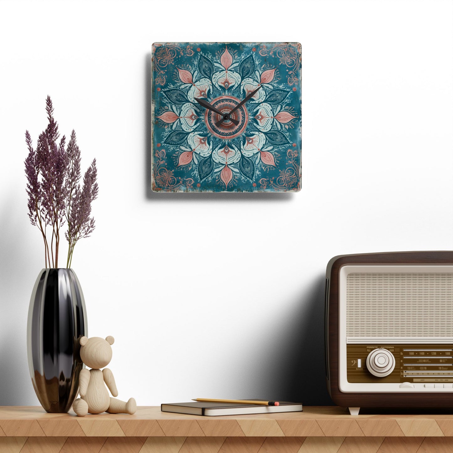 Mandala Floral Acrylic Wall Clock — Teal & Coral Boho Home Decor