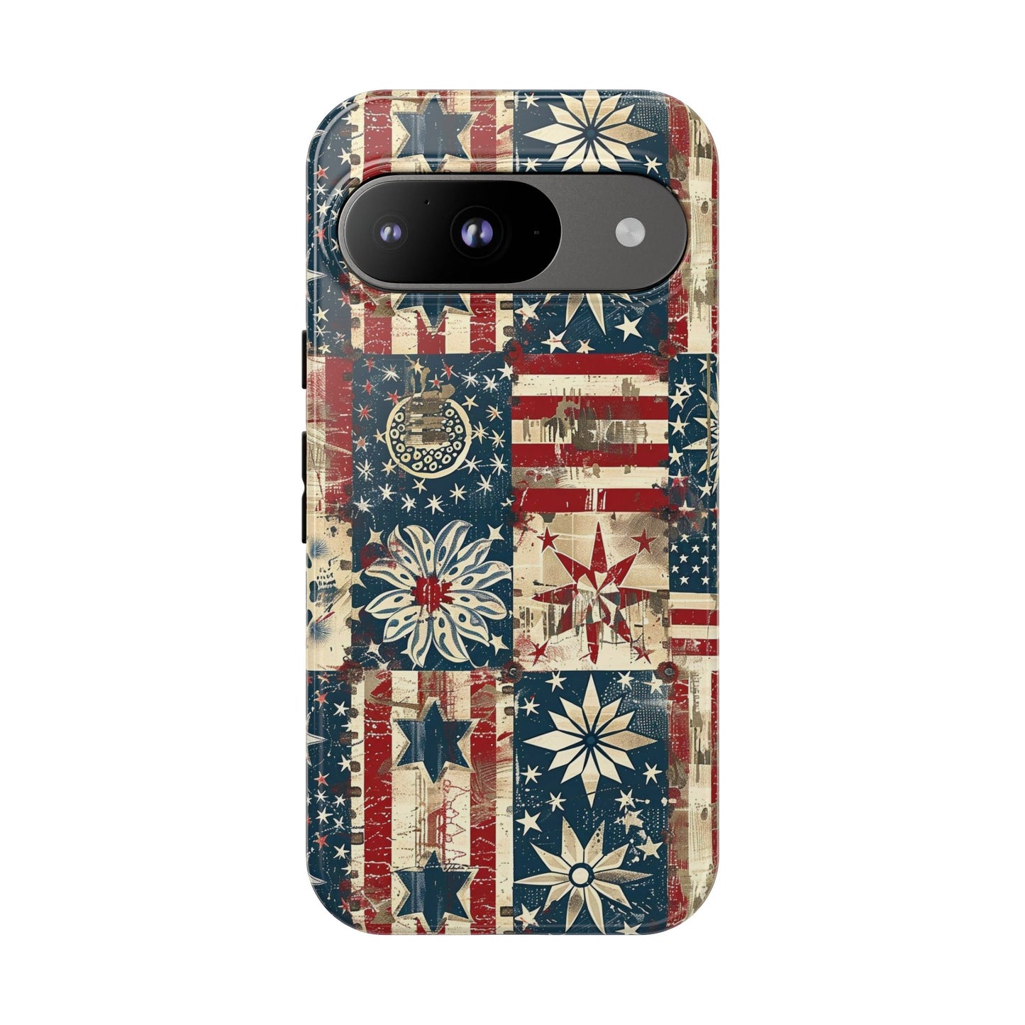 Patriotic Patchwork Phone Case — Vintage American Flag Stars & Quilted Design
