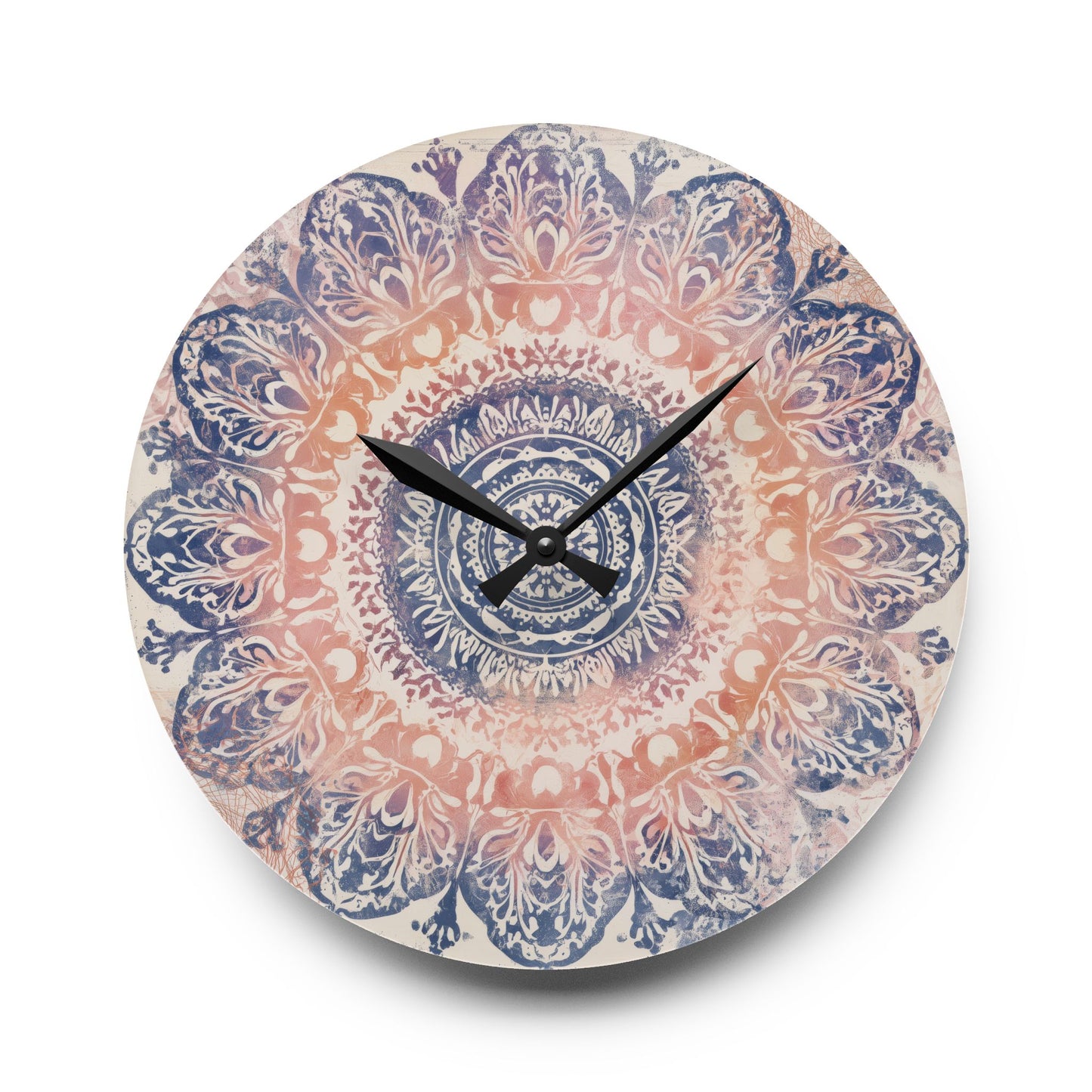 Mandala Acrylic Wall Clock — Boho Peach & Navy Decorative Clock