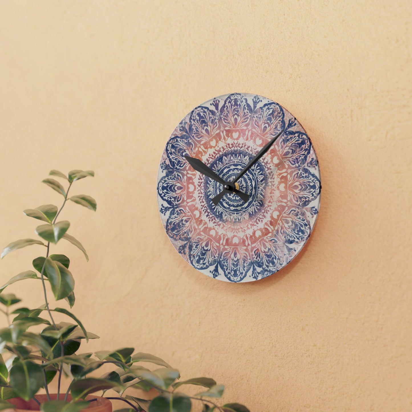 Mandala Acrylic Wall Clock — Boho Peach & Navy Decorative Clock