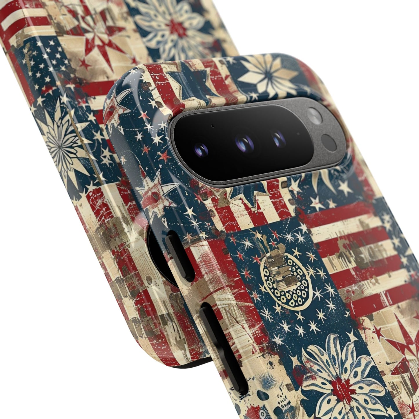 Patriotic Patchwork Phone Case — Vintage American Flag Stars & Quilted Design