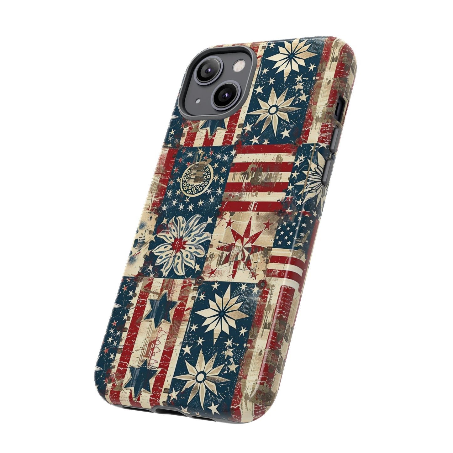 Patriotic Patchwork Phone Case — Vintage American Flag Stars & Quilted Design