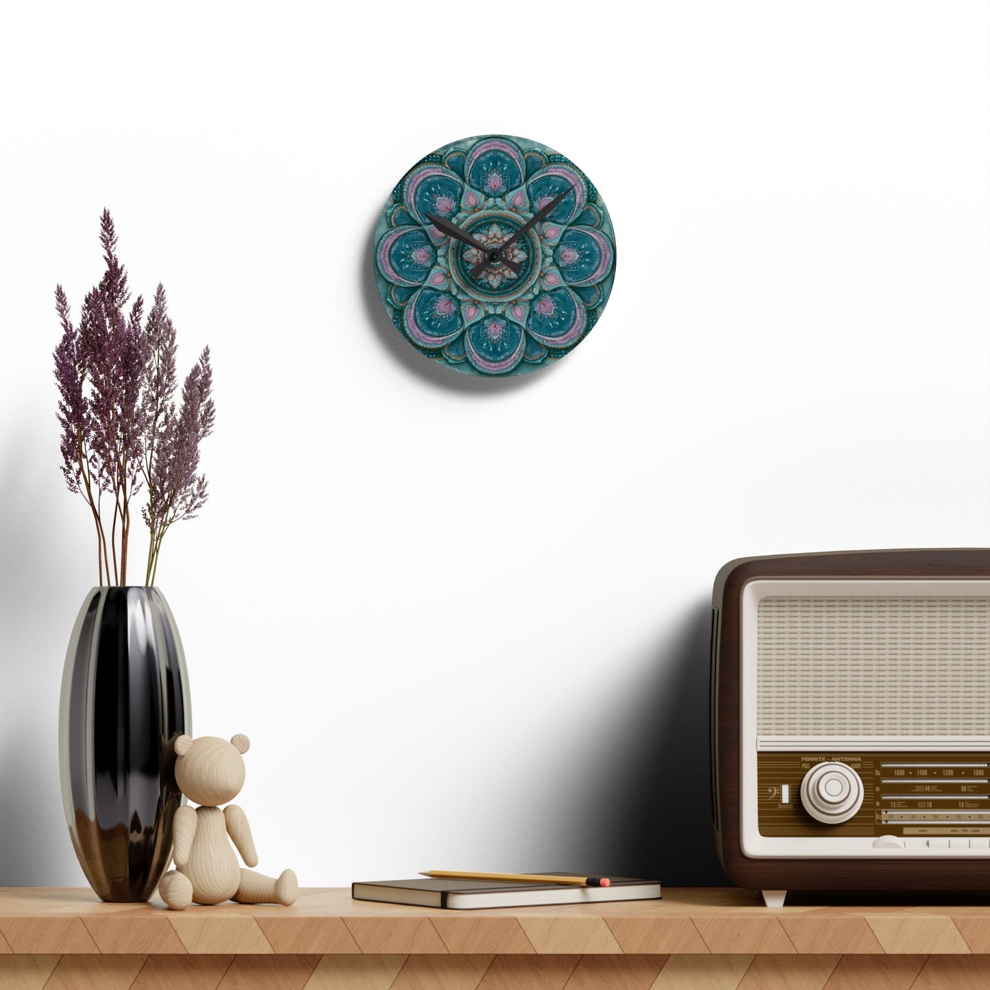 Mandala Acrylic Wall Clock – Teal & Pink Boho Decorative Clock