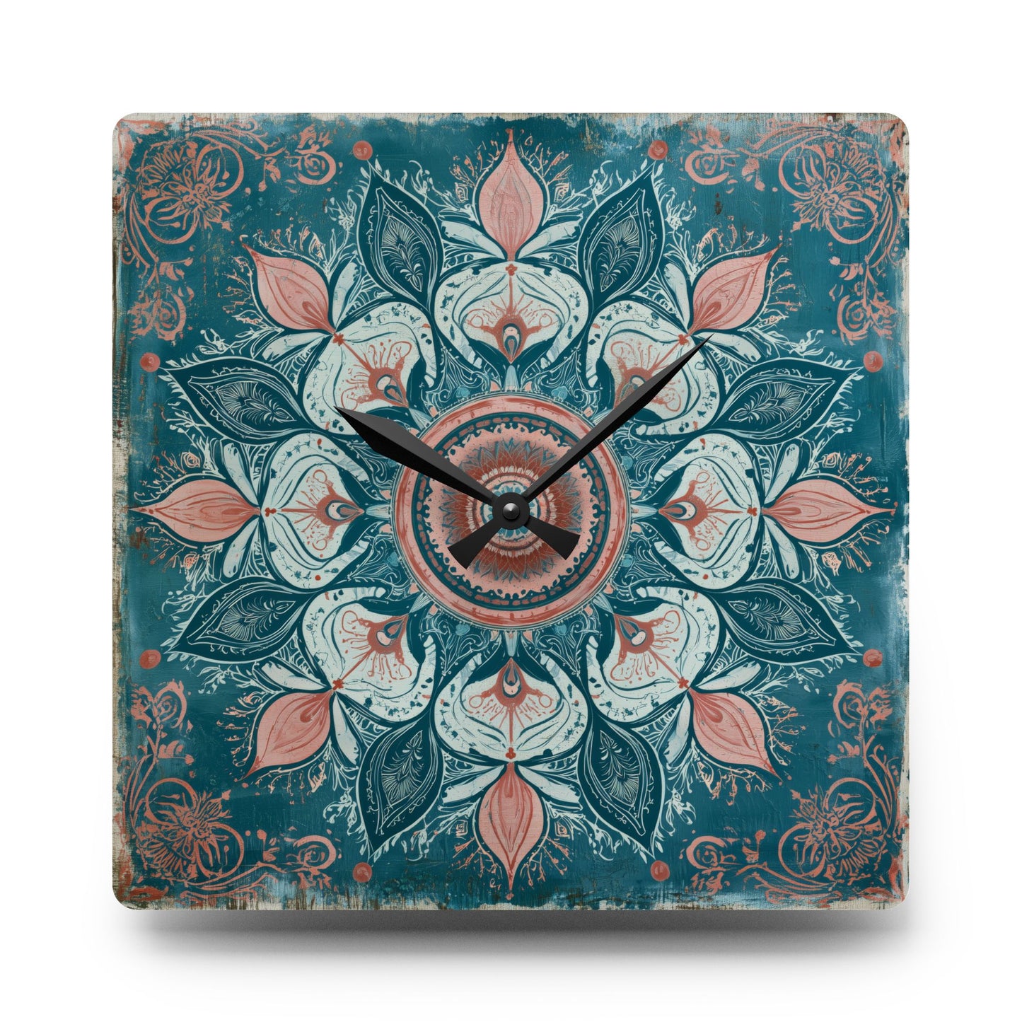 Mandala Floral Acrylic Wall Clock — Teal & Coral Boho Home Decor
