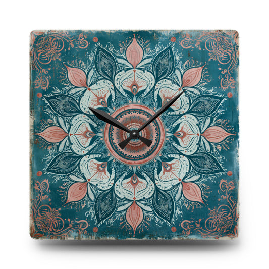 Mandala Floral Acrylic Wall Clock — Teal & Coral Boho Home Decor