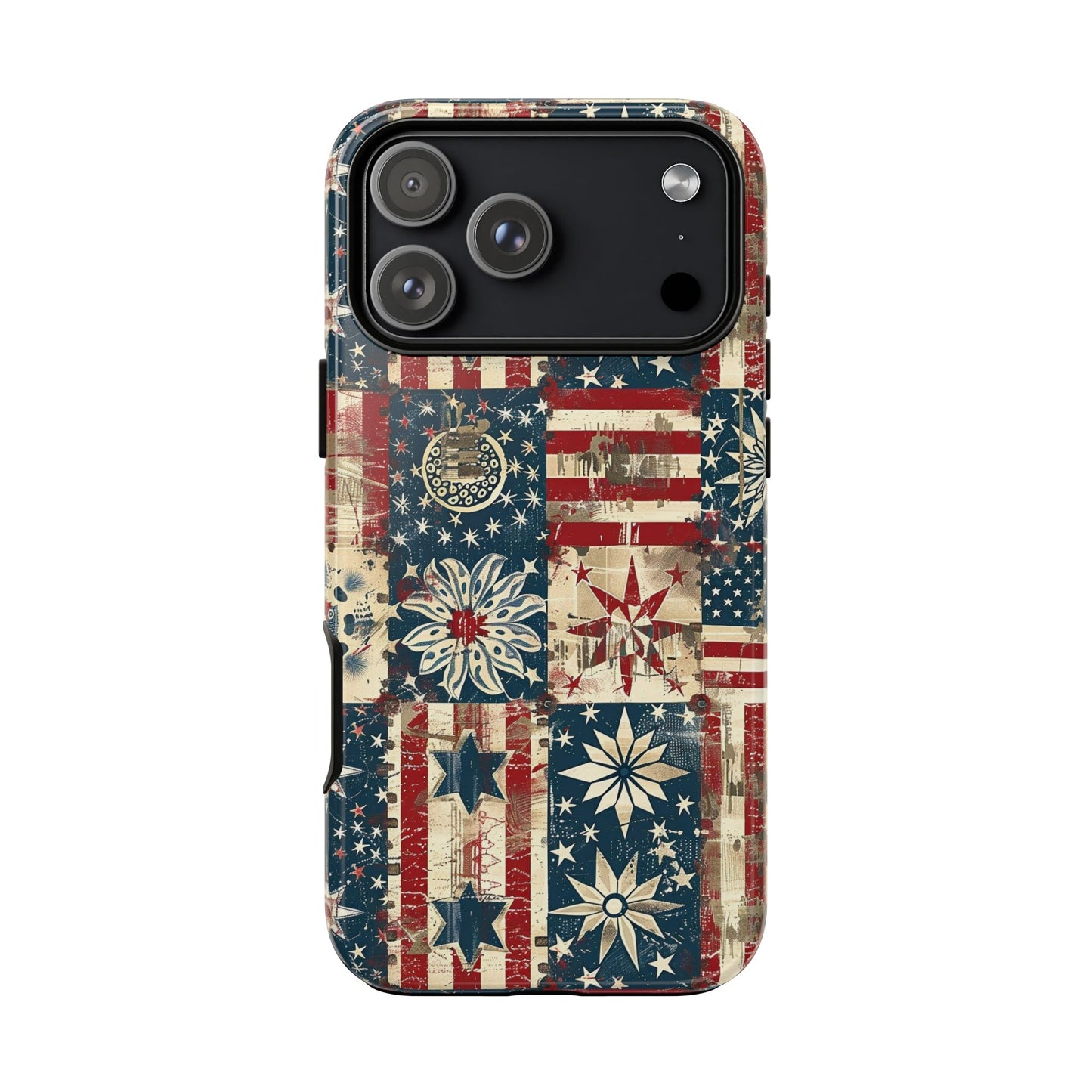 Patriotic Patchwork Phone Case — Vintage American Flag Stars & Quilted Design