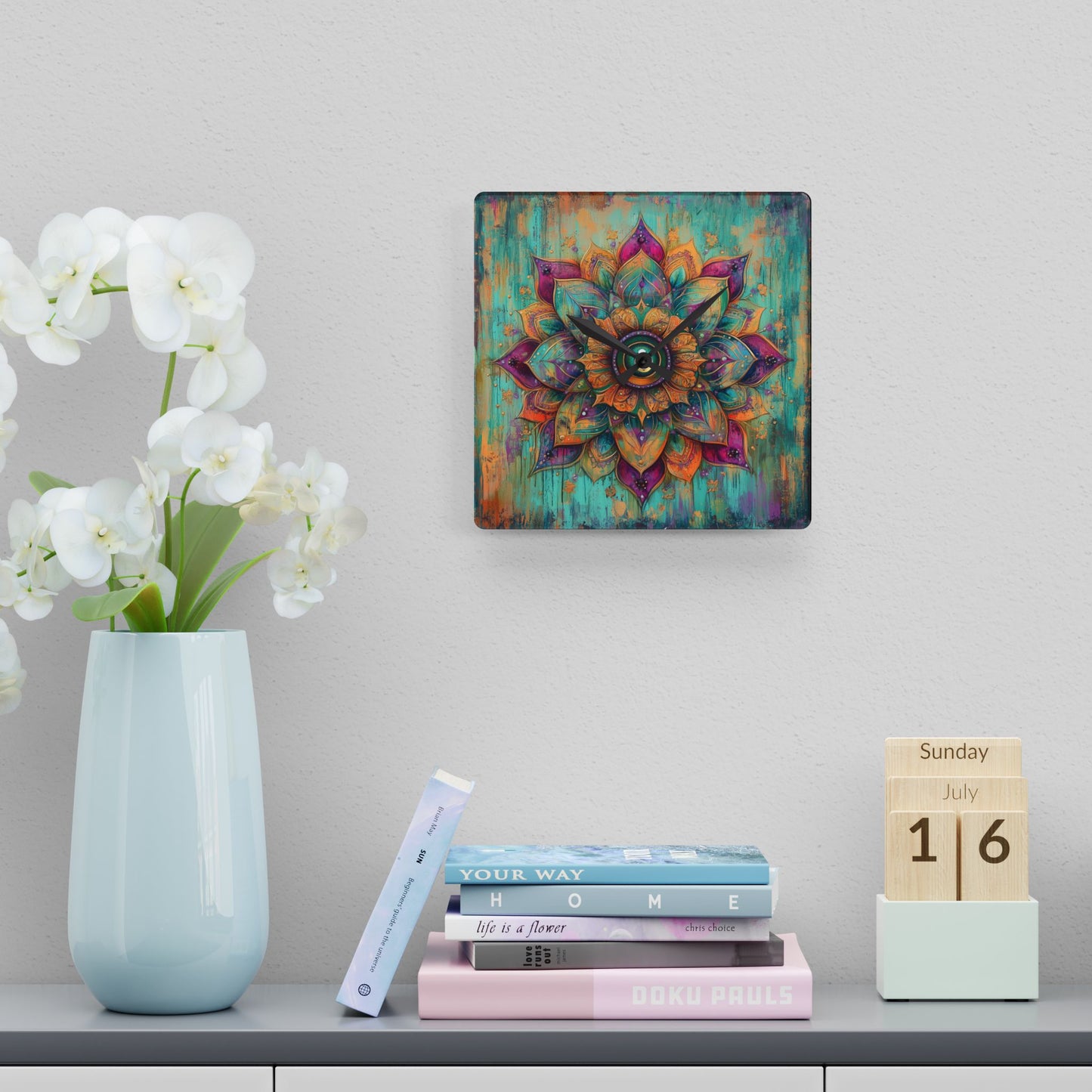Mandala Acrylic Wall Clock — Boho Teal & Gold Decorative Clock