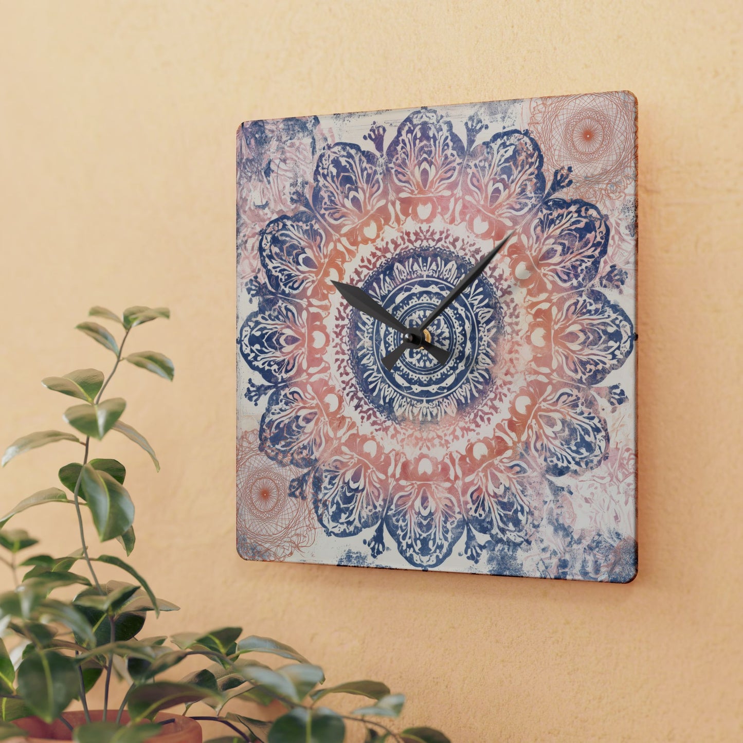 Mandala Acrylic Wall Clock — Boho Peach & Navy Decorative Clock