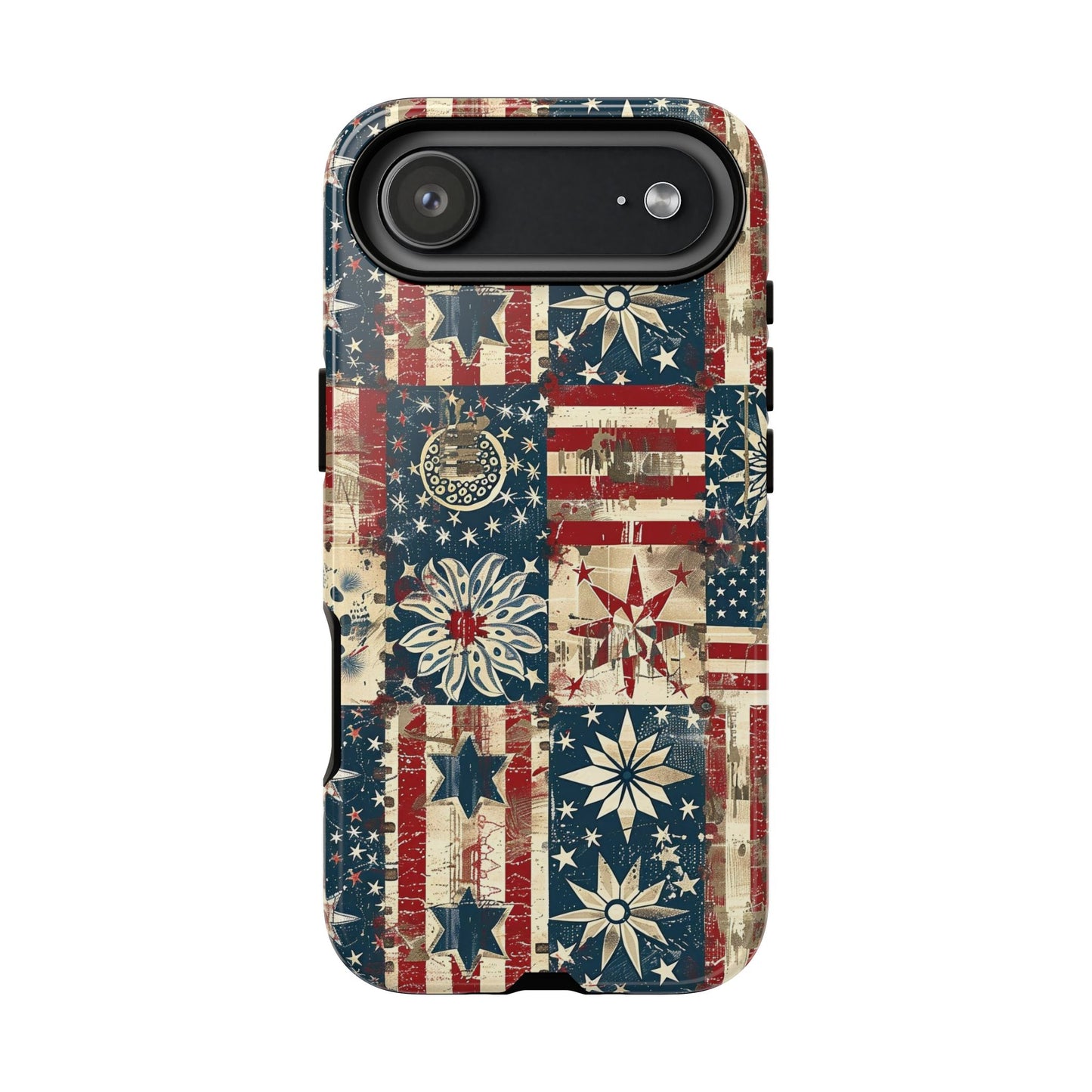 Patriotic Patchwork Phone Case — Vintage American Flag Stars & Quilted Design