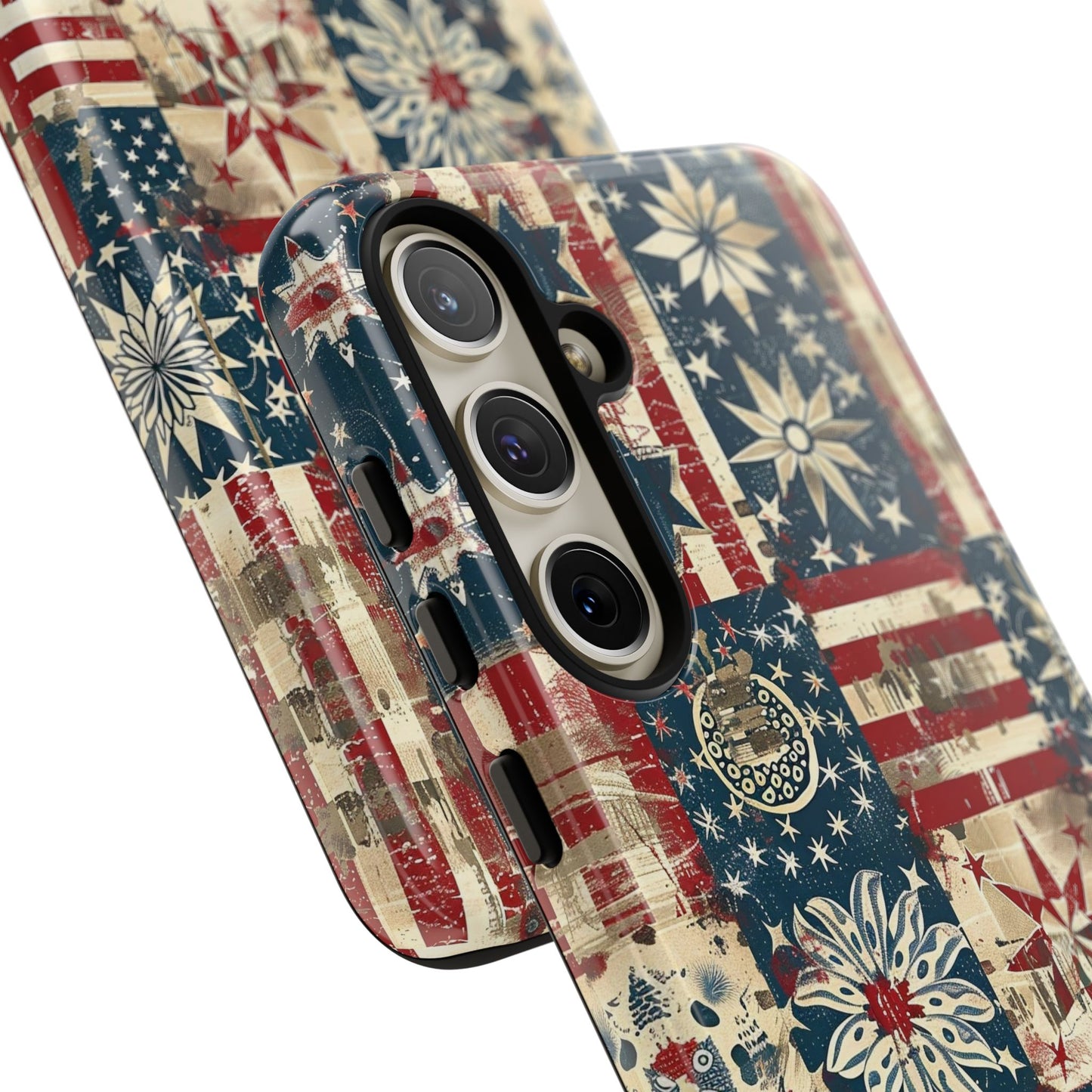 Patriotic Patchwork Phone Case — Vintage American Flag Stars & Quilted Design