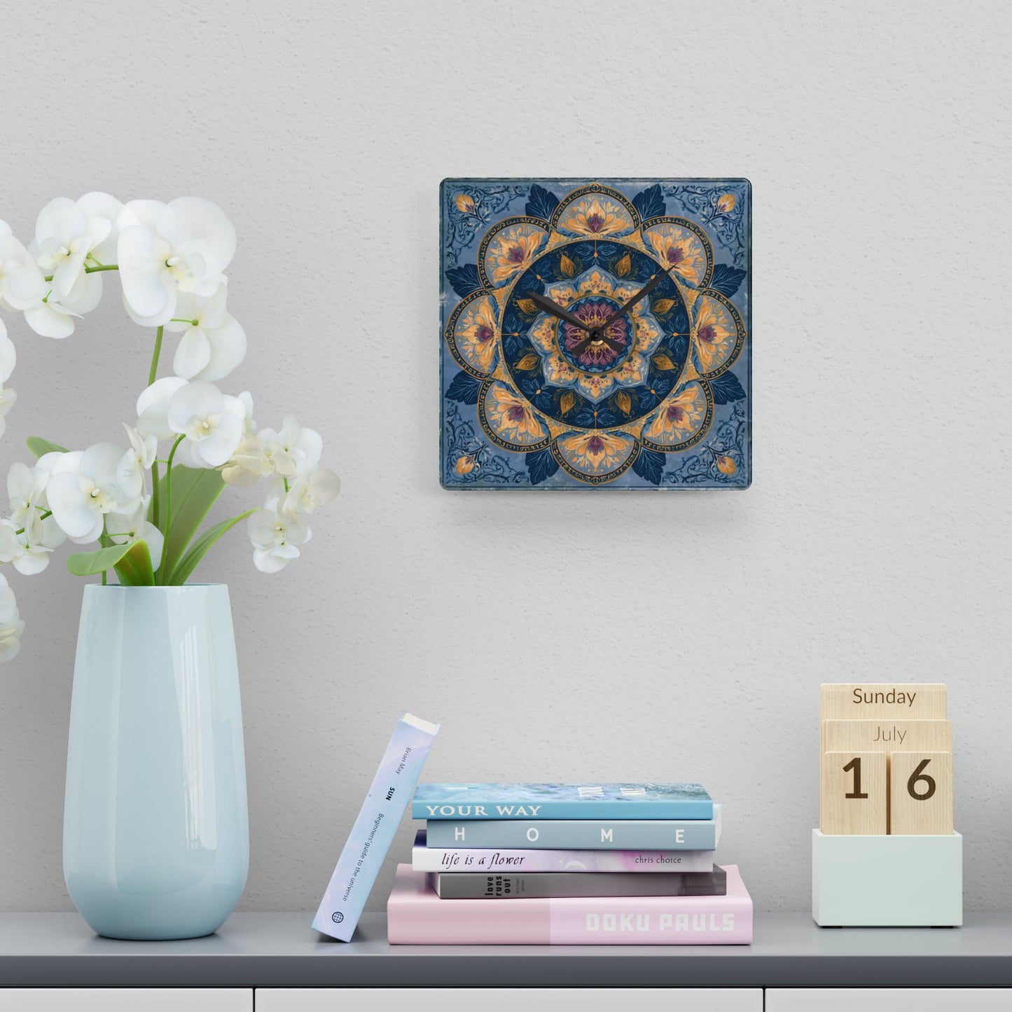Mandala Floral Acrylic Wall Clock — Boho Blue Decorative Home Clock