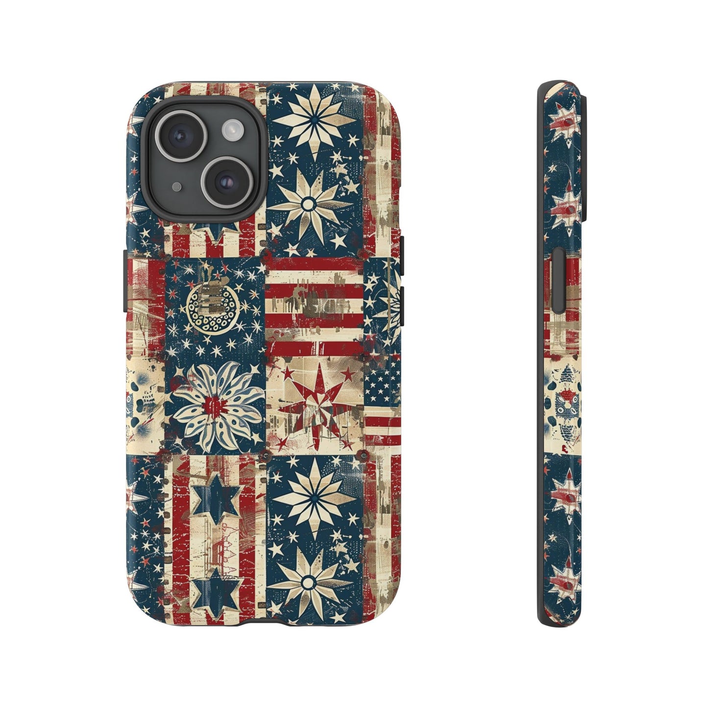 Patriotic Patchwork Phone Case — Vintage American Flag Stars & Quilted Design