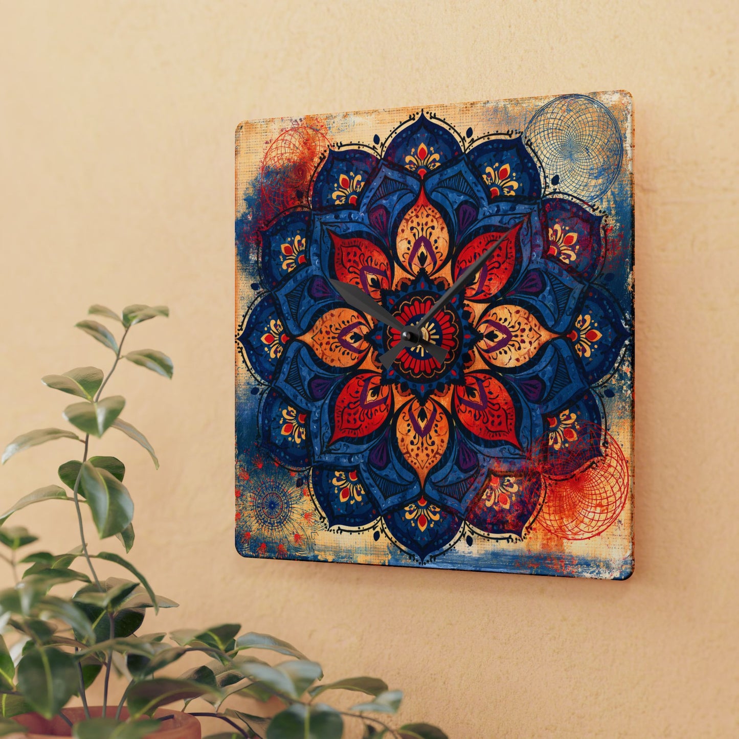 Mandala Acrylic Wall Clock — Colorful Boho Floral Timepiece