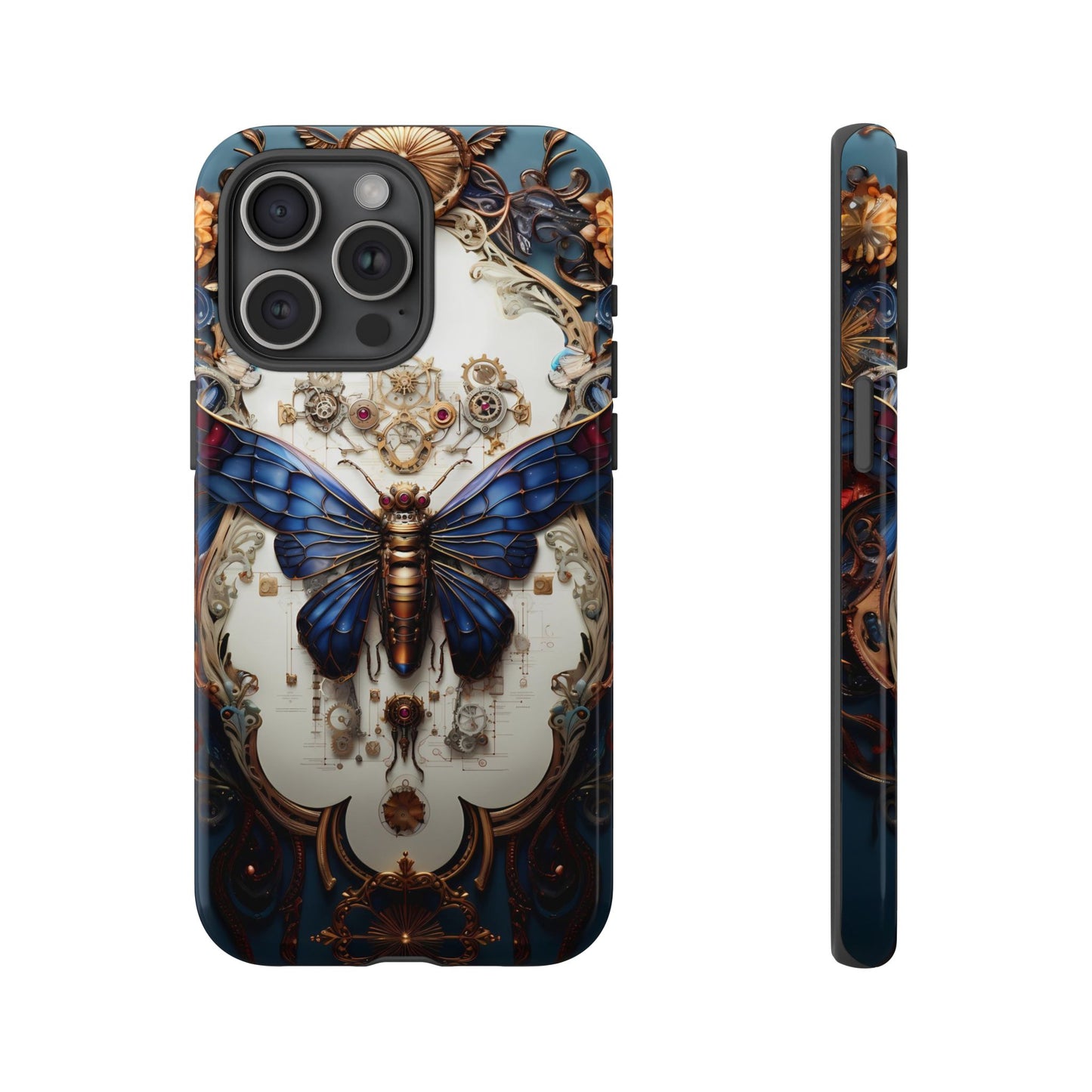 Blue Steampunk Cicada Tough Phone Case: Vintage Animatronic Insect Art for iPhone, Samsung Galaxy, and Google Pixel