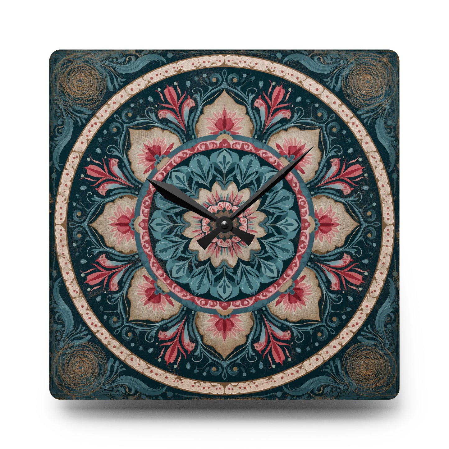 Bohemian Floral Mandala Acrylic Wall Clock — Decorative Home Accent