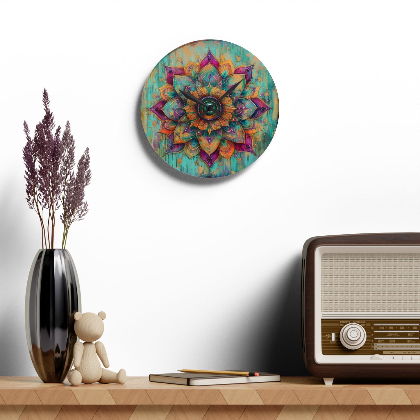 Mandala Acrylic Wall Clock — Boho Teal & Gold Decorative Clock