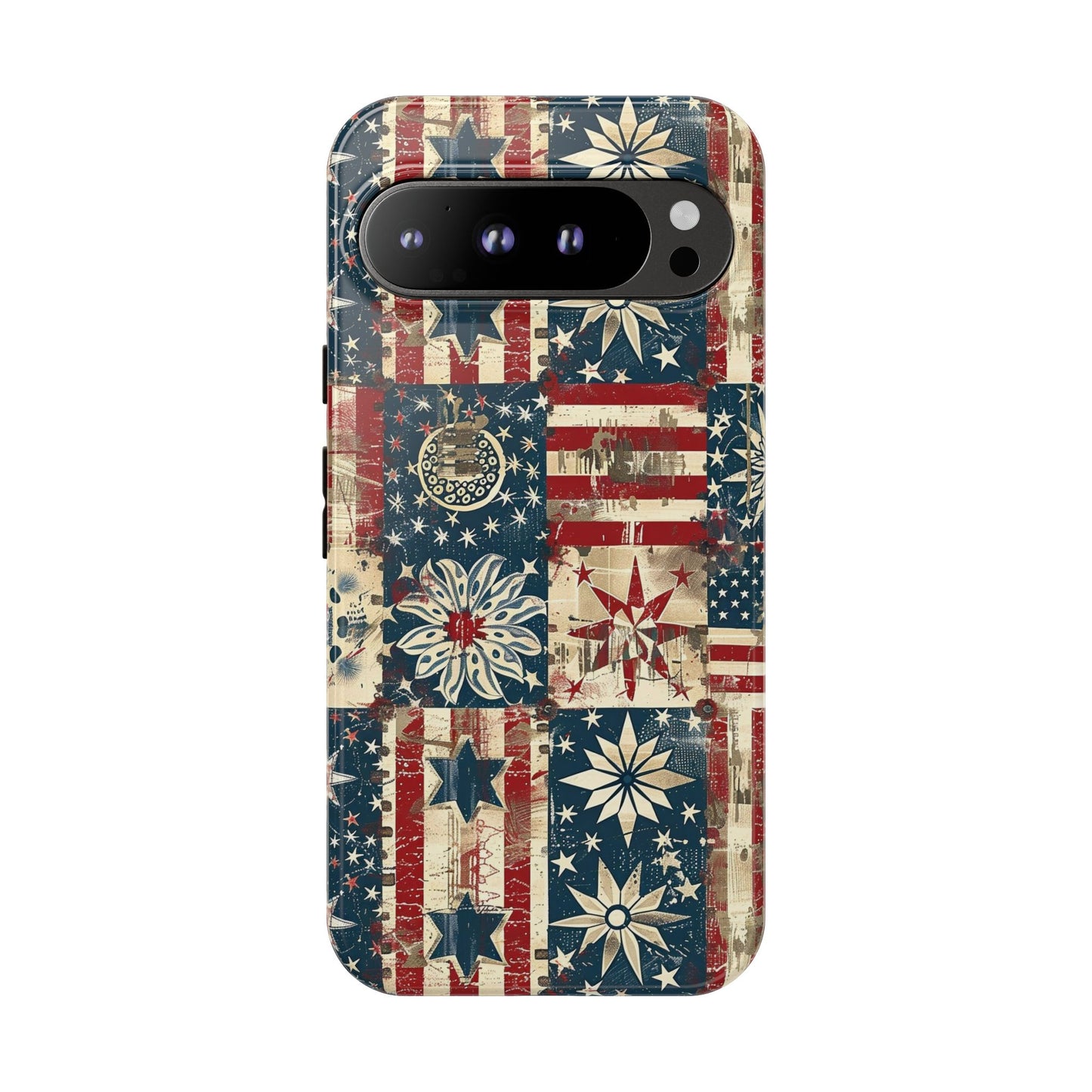 Patriotic Patchwork Phone Case — Vintage American Flag Stars & Quilted Design
