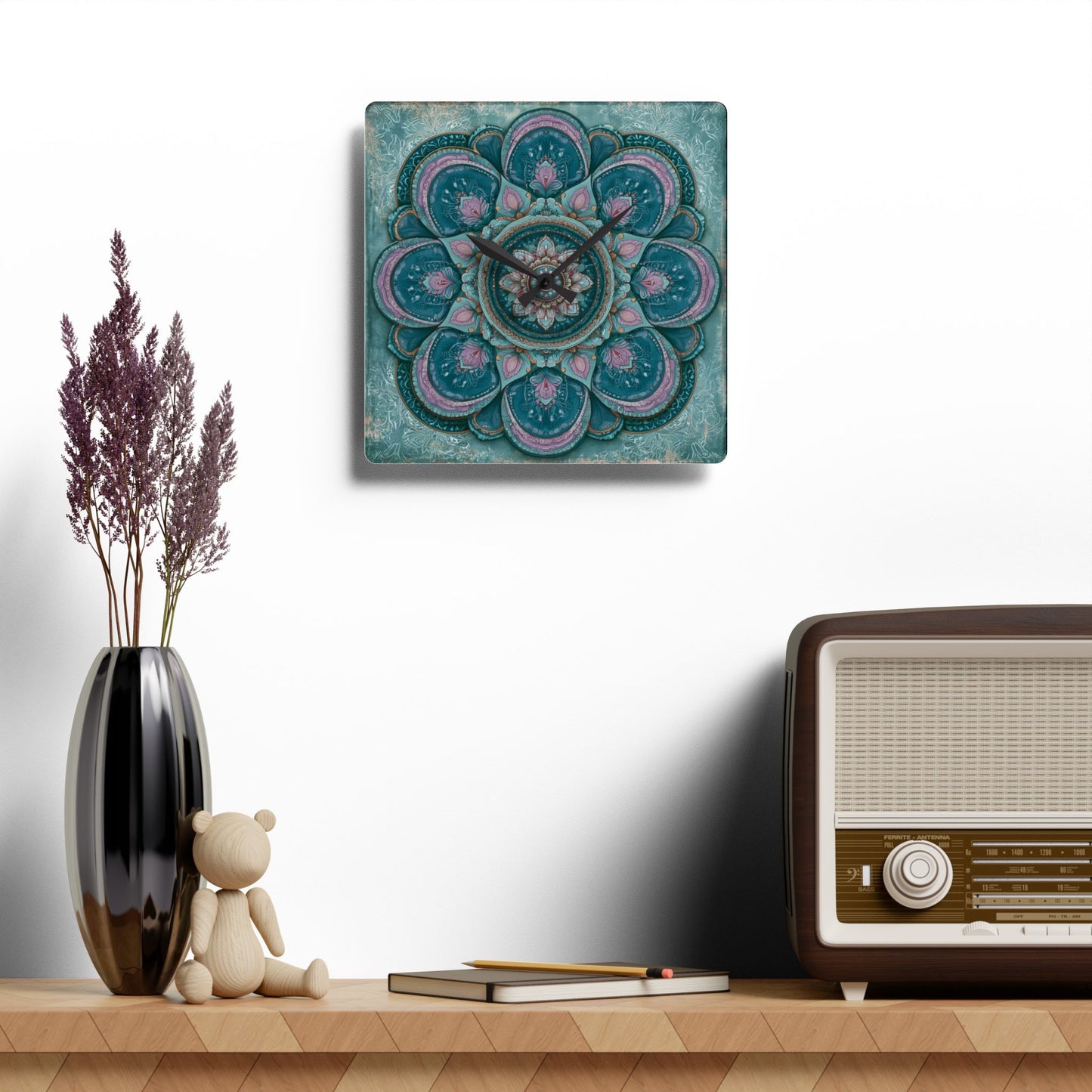 Mandala Acrylic Wall Clock – Teal & Pink Boho Decorative Clock