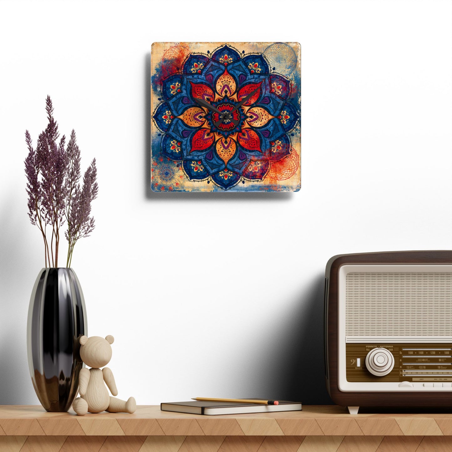 Mandala Acrylic Wall Clock — Colorful Boho Floral Timepiece