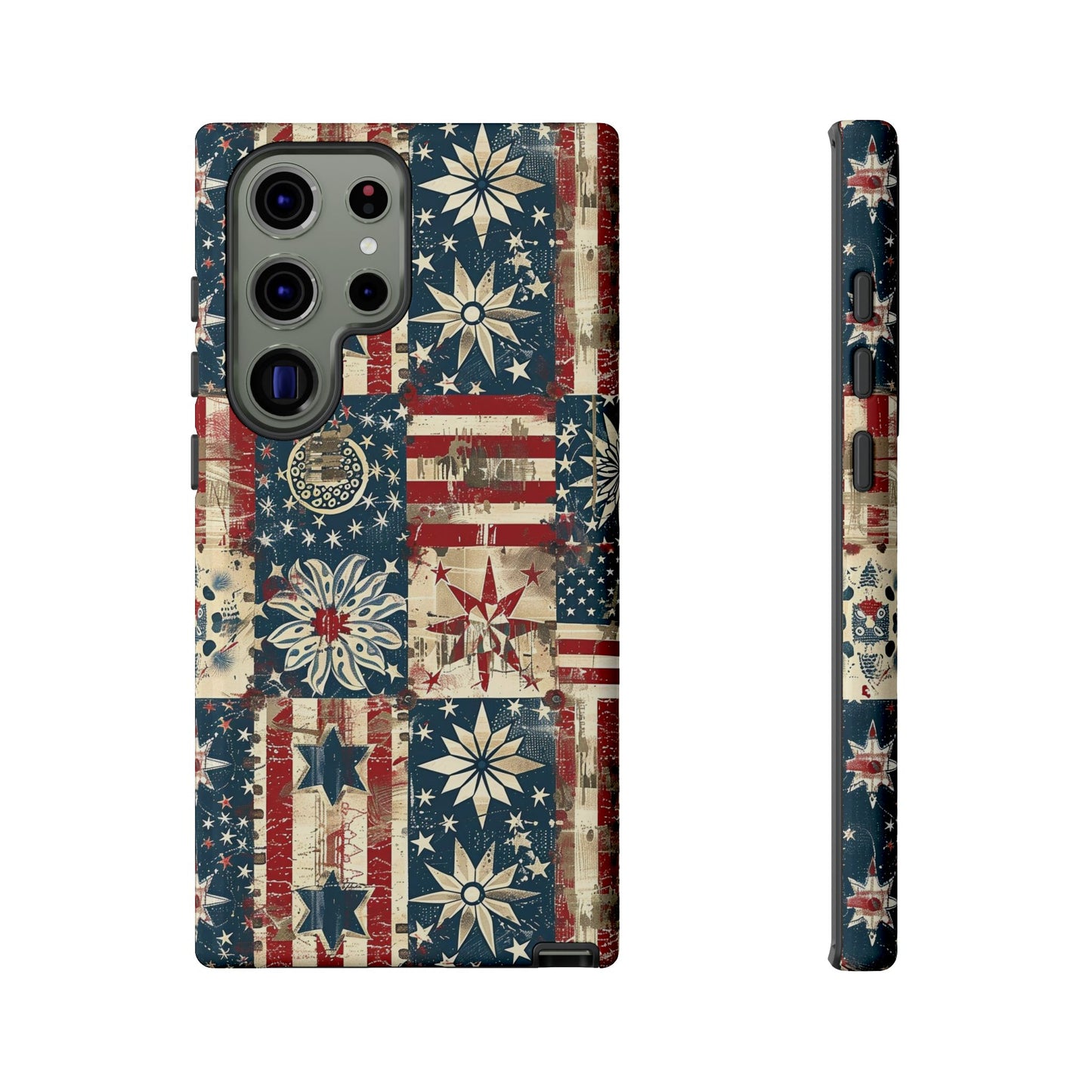 Patriotic Patchwork Phone Case — Vintage American Flag Stars & Quilted Design