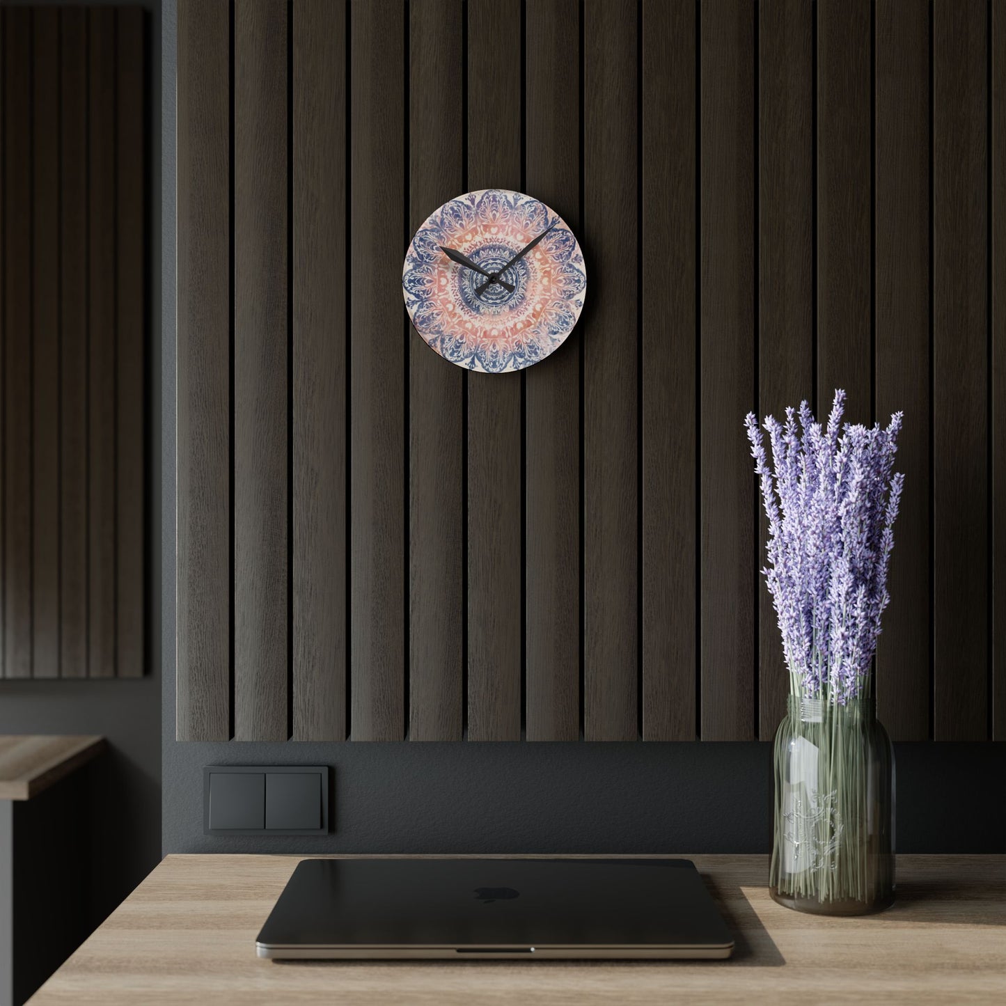 Mandala Acrylic Wall Clock — Boho Peach & Navy Decorative Clock